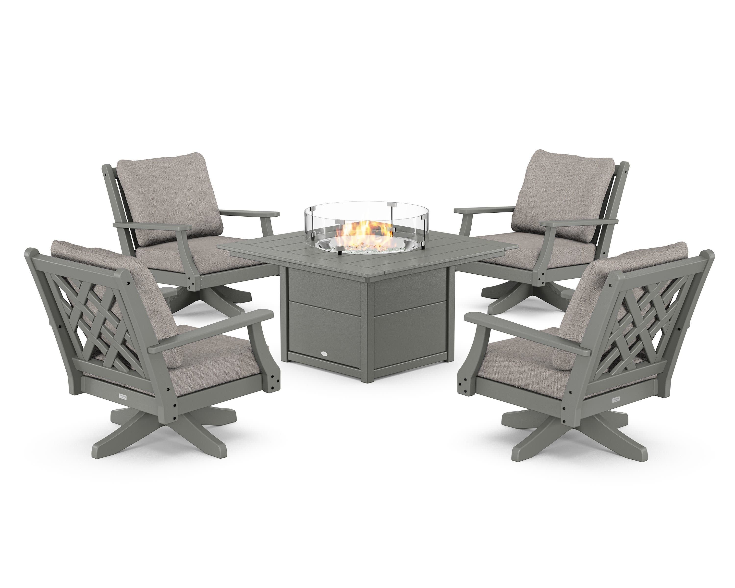 Wovendale 5-Piece Deep Seating Swivel Conversation Set with Fire Pit Table in Slate Grey / Weathered Tweed