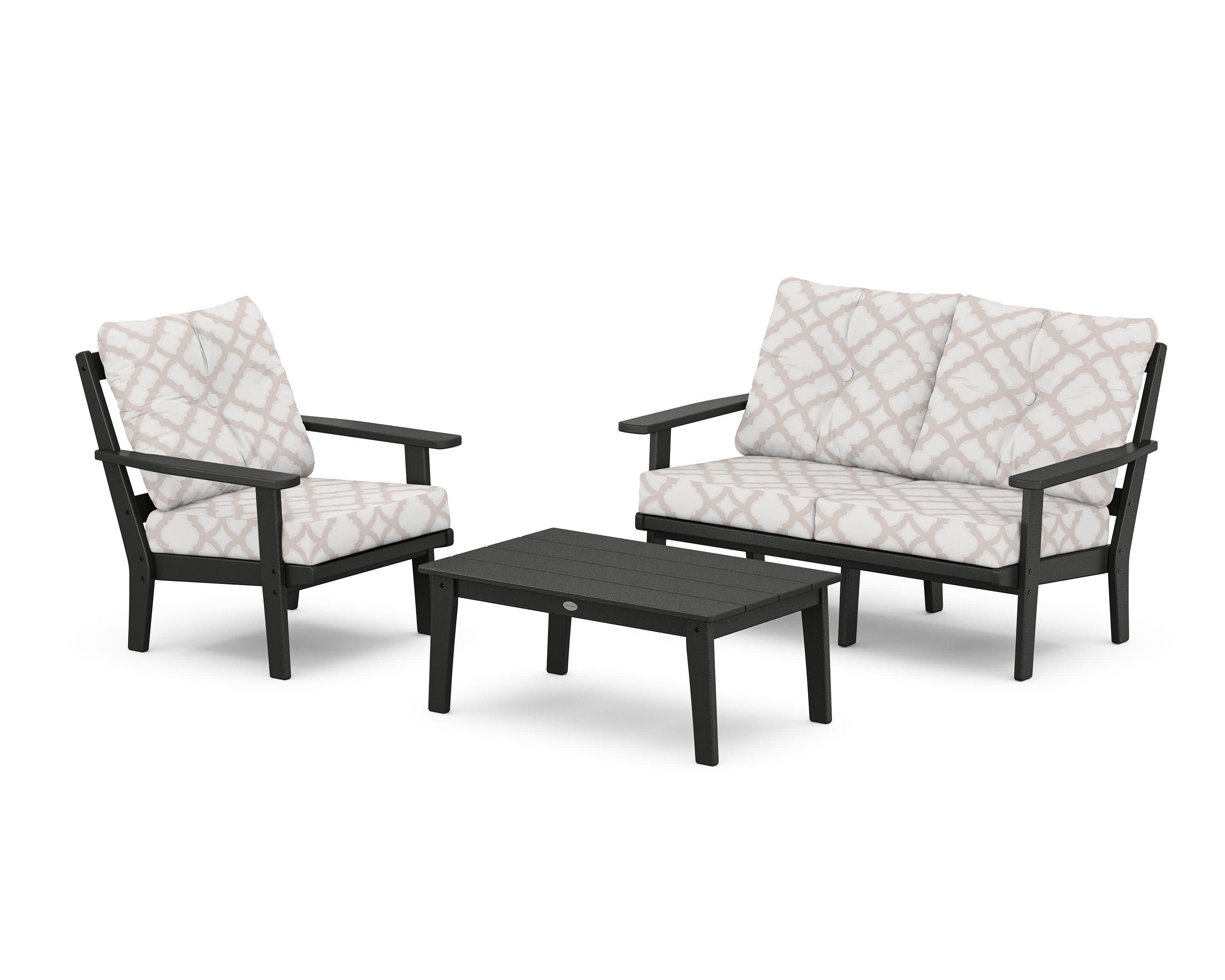 Oxford 3-Piece Deep Seating Set with Loveseat in Black / Trellis Dune Burlap