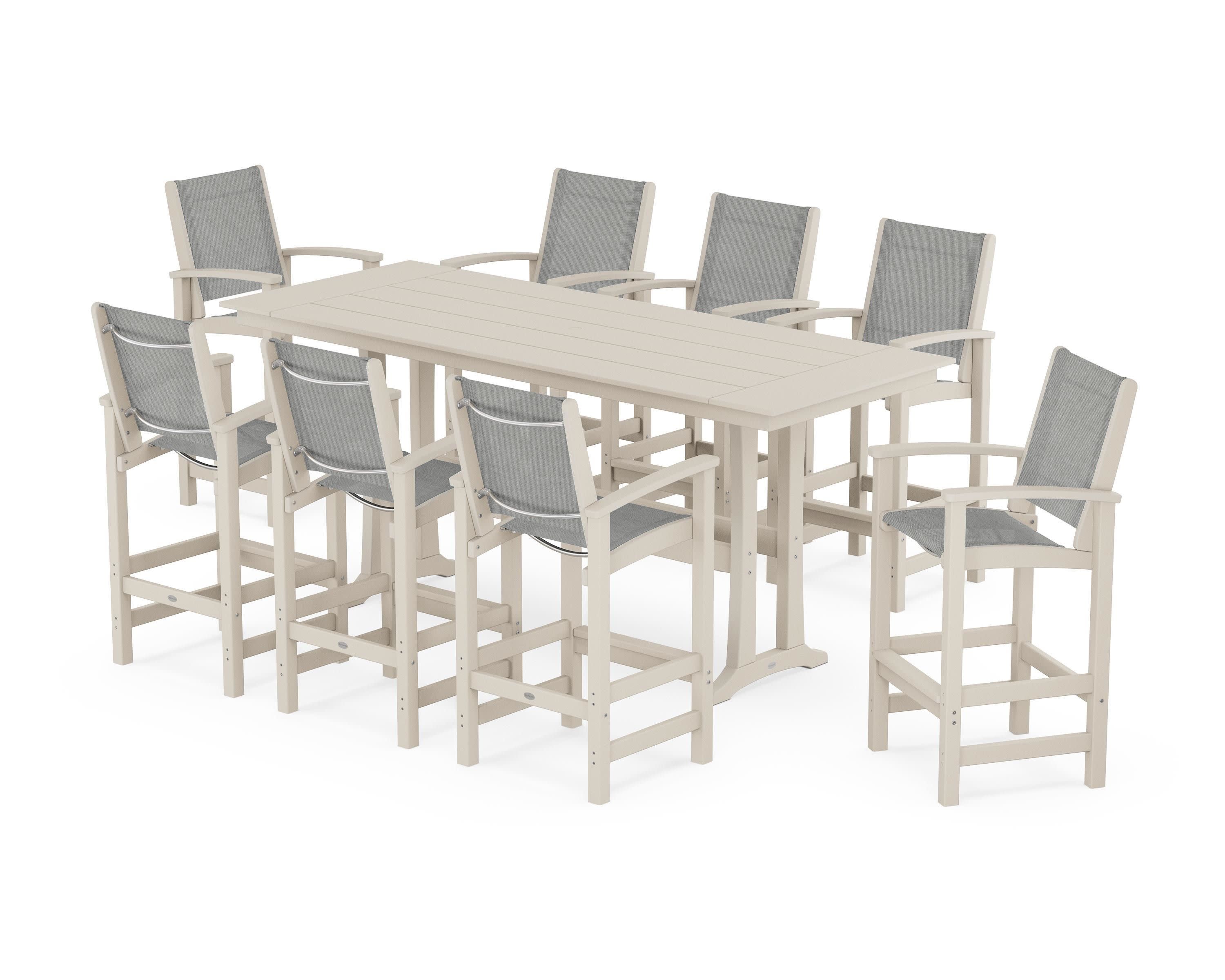 Coastal 9-Piece Farmhouse Bar Set with Trestle Legs in Sand / Metallic Sling