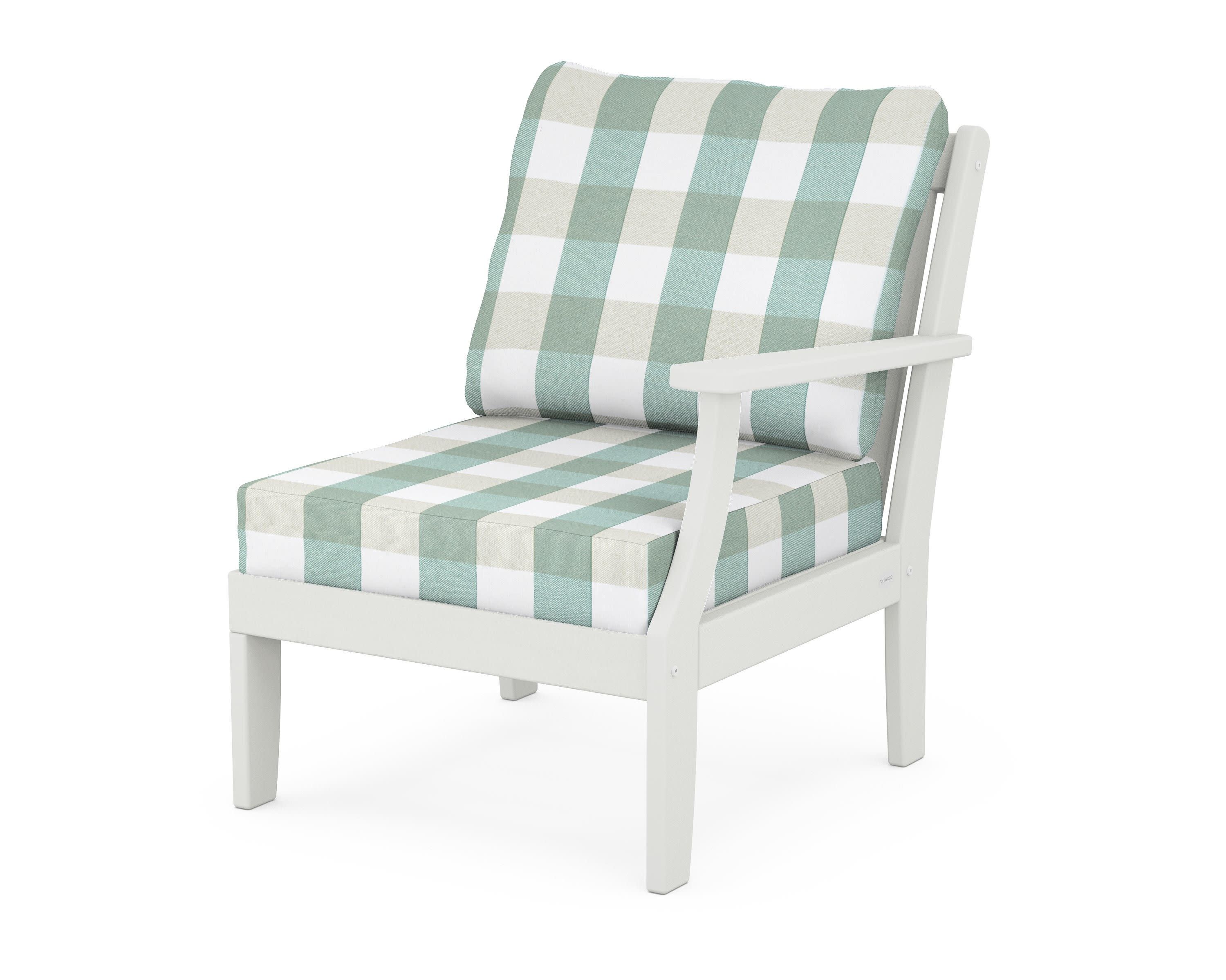 Braxton Modular Right Arm Chair in Vintage White / Buffalo Plaid Glacier Spa