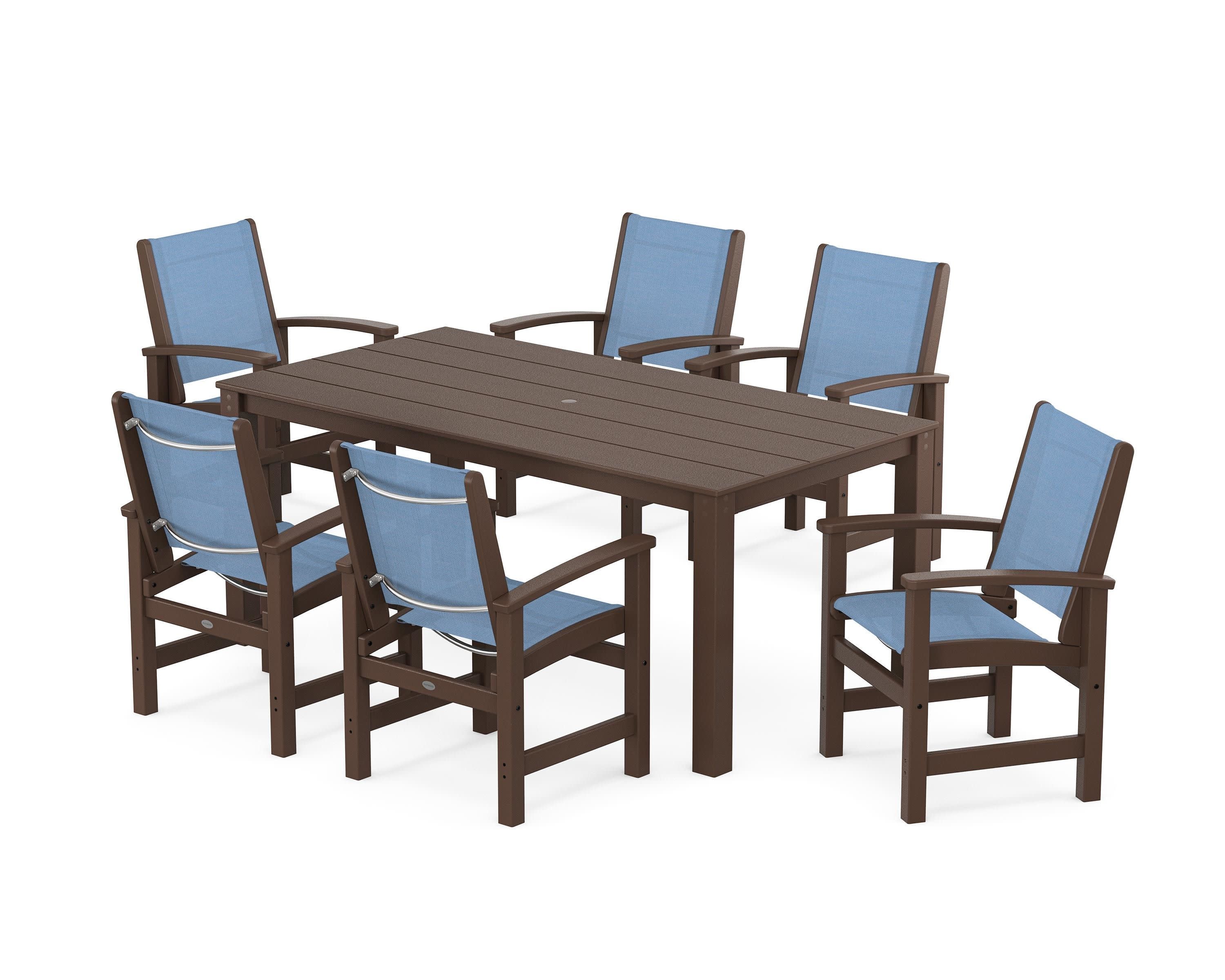 Coastal 7-Piece Parsons Dining Set in Mahogany / Poolside Sling
