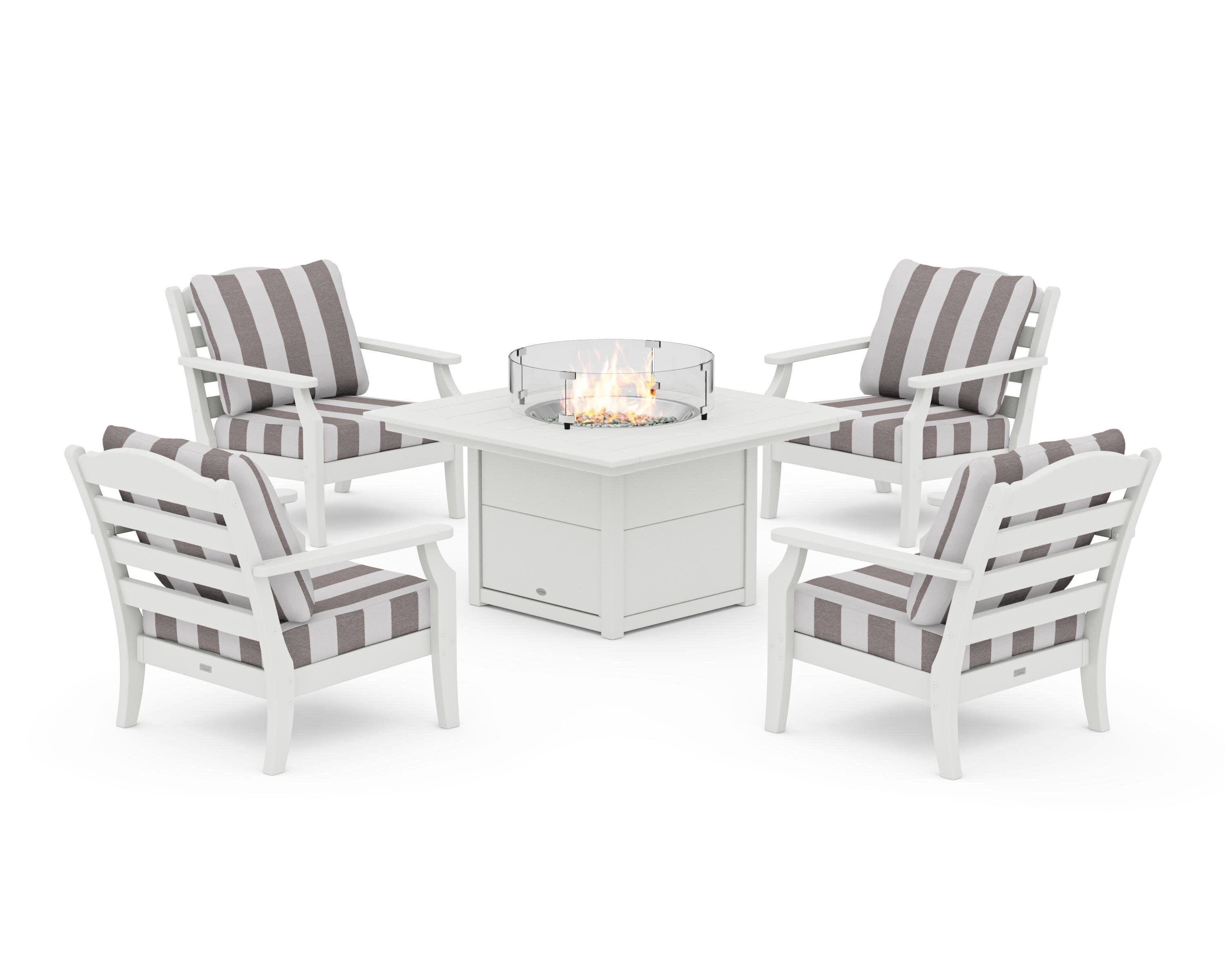 Savannah 5-Piece Deep Seating Set with Fire Pit Table in Vintage White / Cabana Stripe Grey Mist