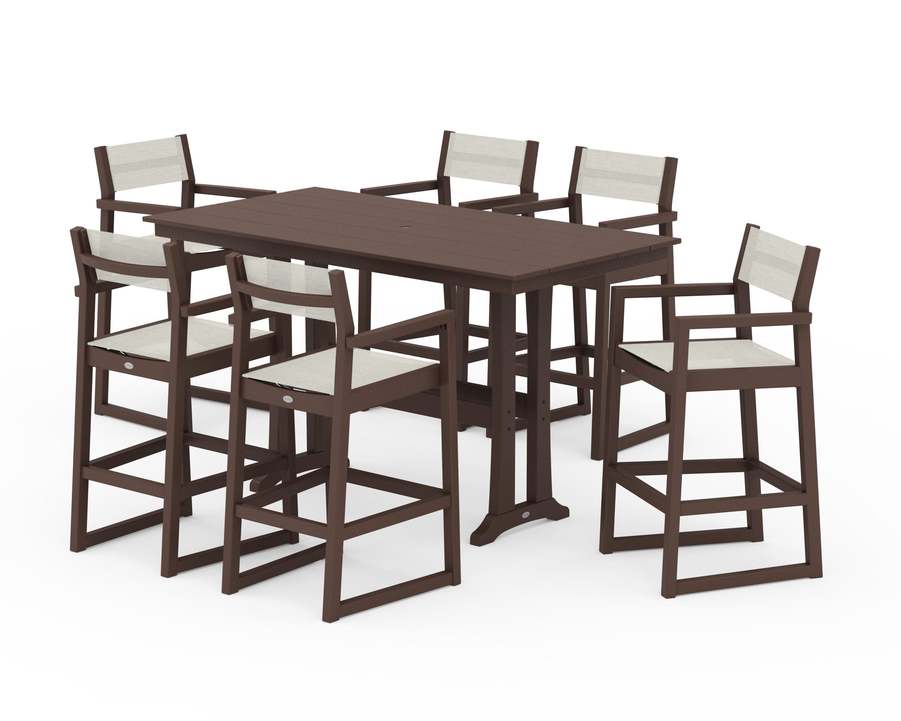 EDGE Sling Arm Chair 7-Piece Farmhouse Bar Set with Trestle Legs in Mahogany / Parchment Sling