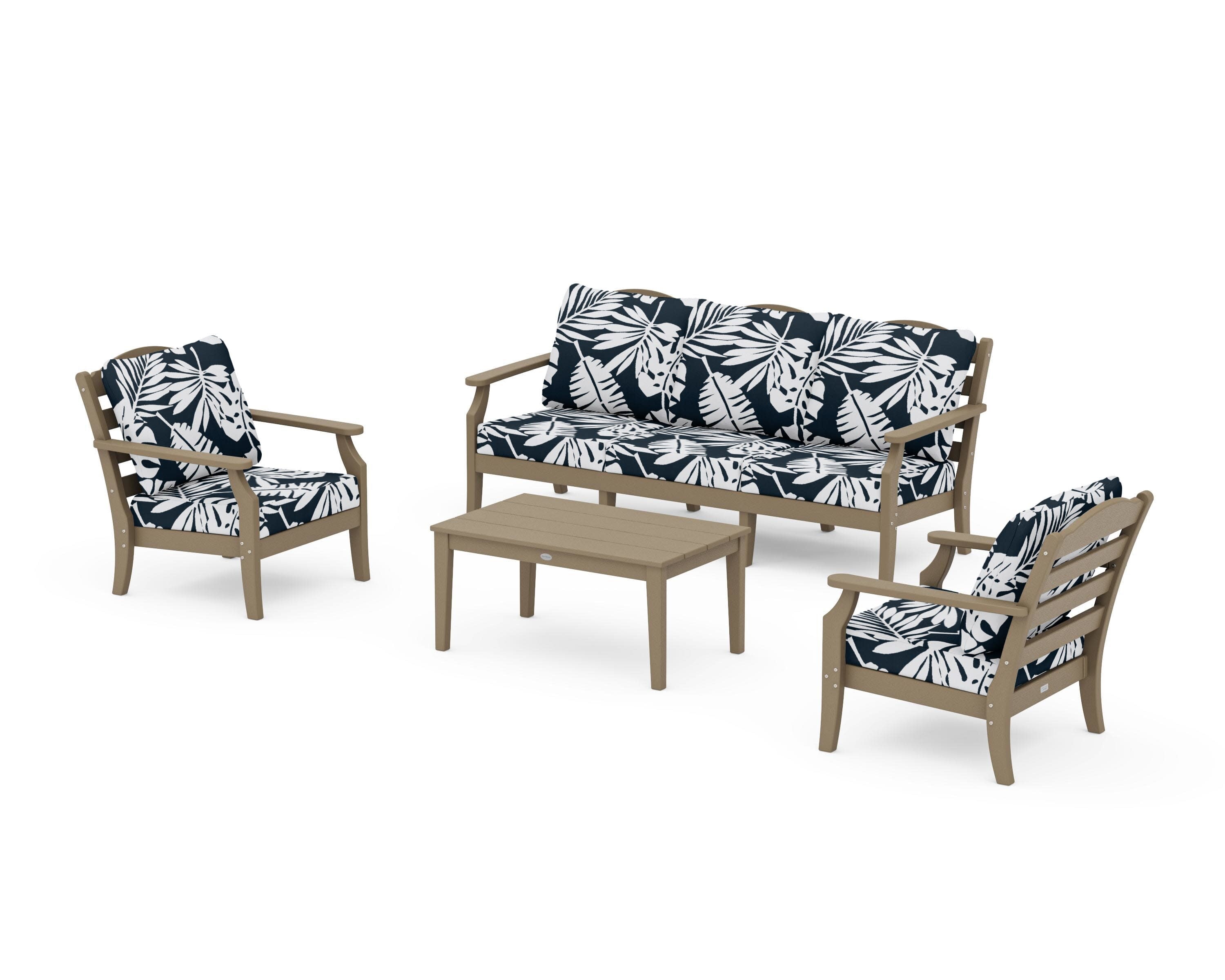 Savannah 4-Piece Deep Seating Set with Sofa in Vintage Sahara / Leaf Marine Indigo