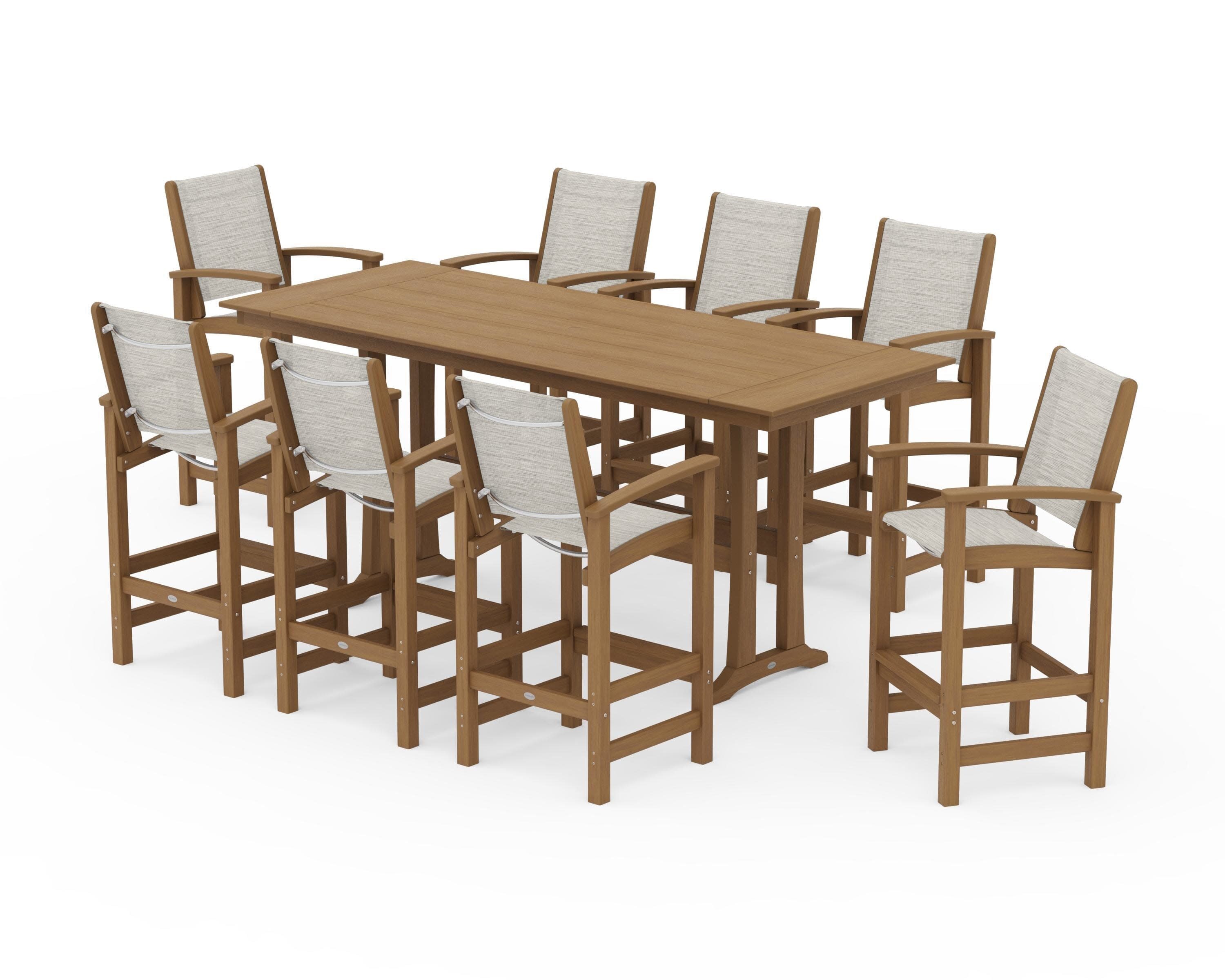 Coastal 9-Piece Farmhouse Bar Set with Trestle Legs in Natural / Birch Sling