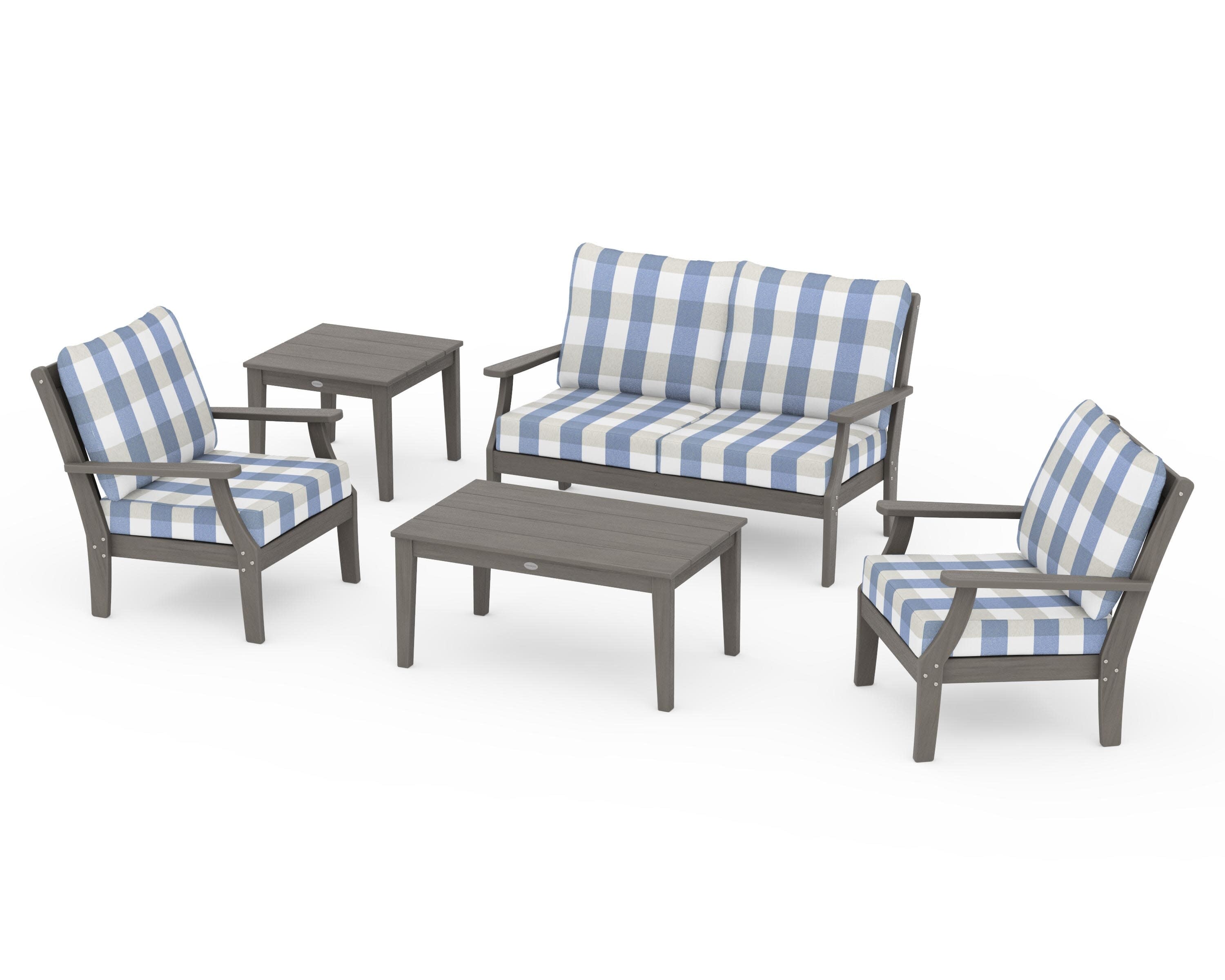 Braxton 5-Piece Deep Seating Set in Driftwood / Buffalo Plaid Sky Blue