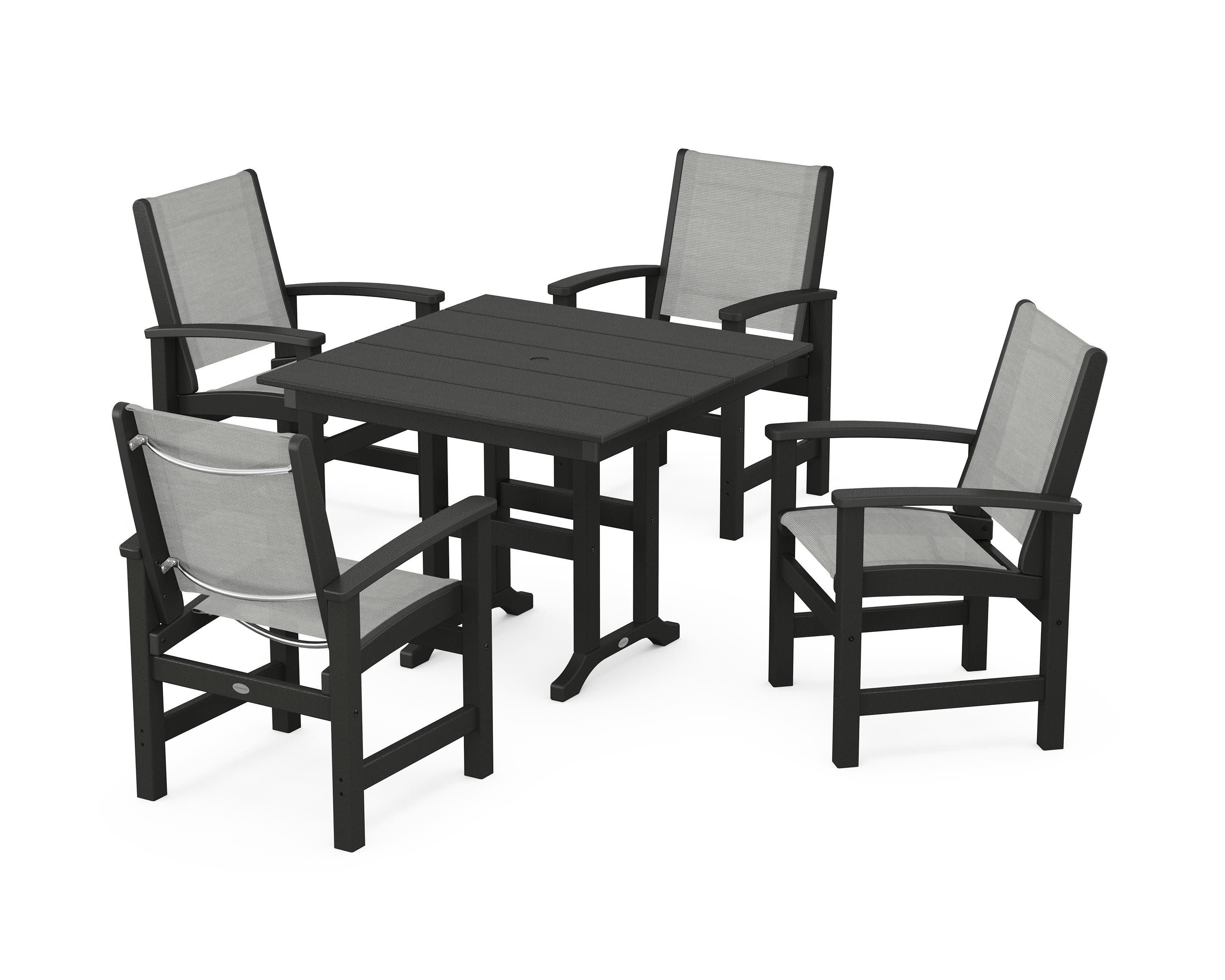 Coastal 5-Piece Farmhouse Dining Set in Black / Metallic Sling