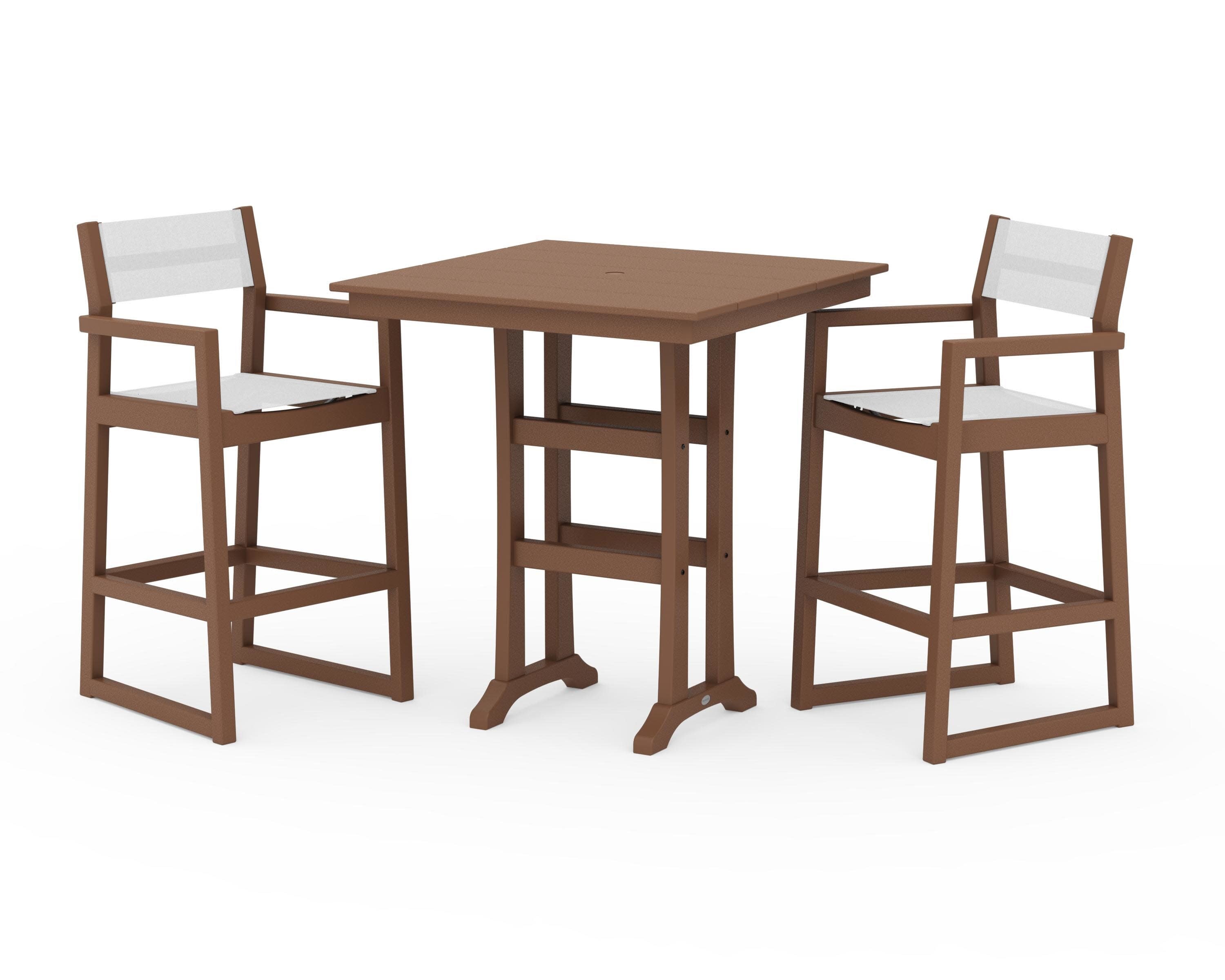 EDGE Sling Arm Chair 3-Piece Farmhouse Bar Set with Trestle Legs in Teak / White Sling