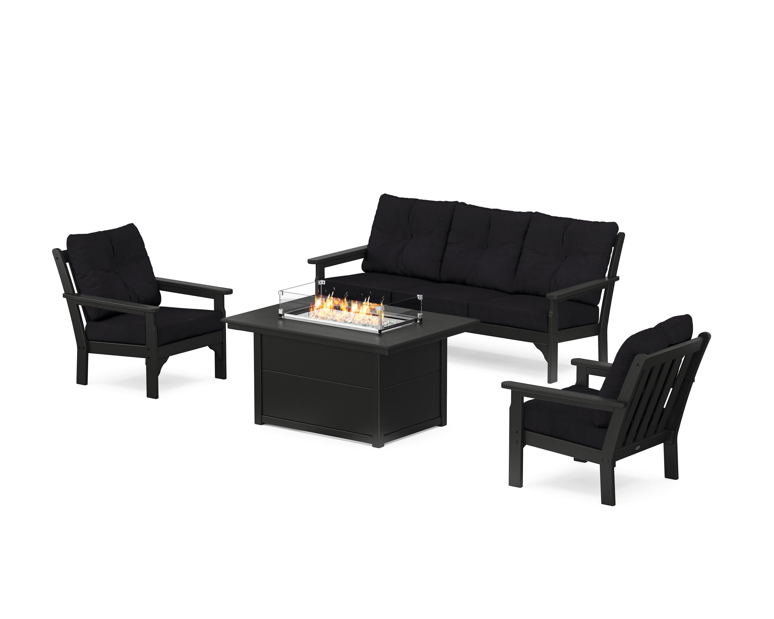 Vineyard Deep Seating Fire Pit Table Set in Black / Midnight Linen