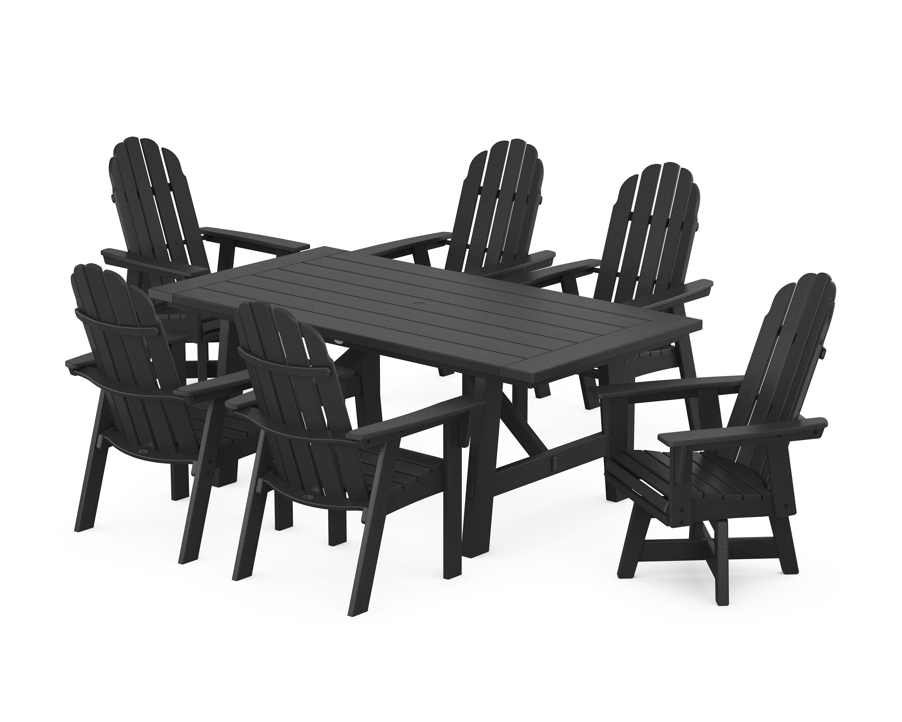 Vineyard Curveback Adirondack Swivel Chair 7-Piece Rustic Farmhouse Dining Set in Black