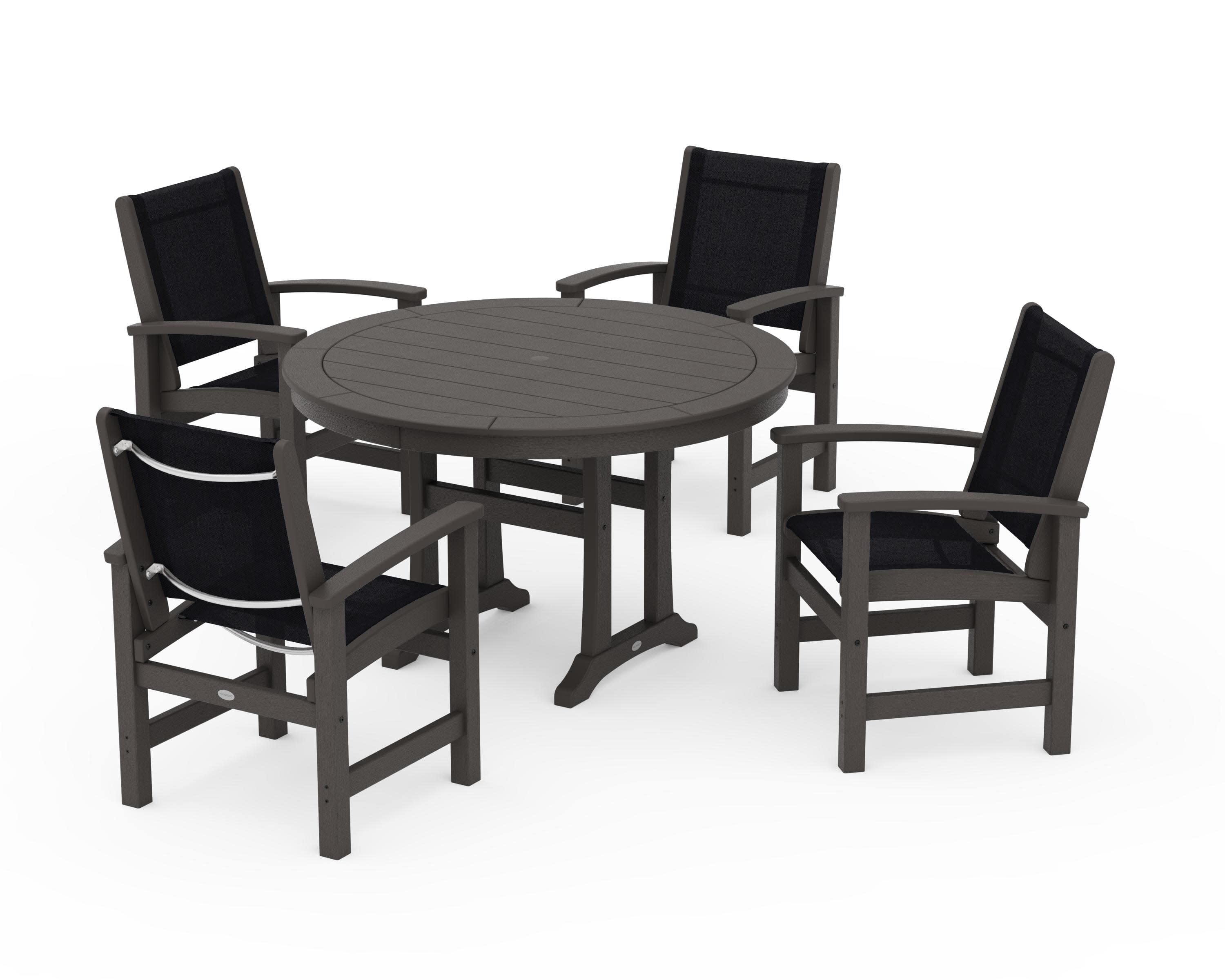 Coastal 5-Piece Round Dining Set with Trestle Legs in Vintage Coffee / Black Sling