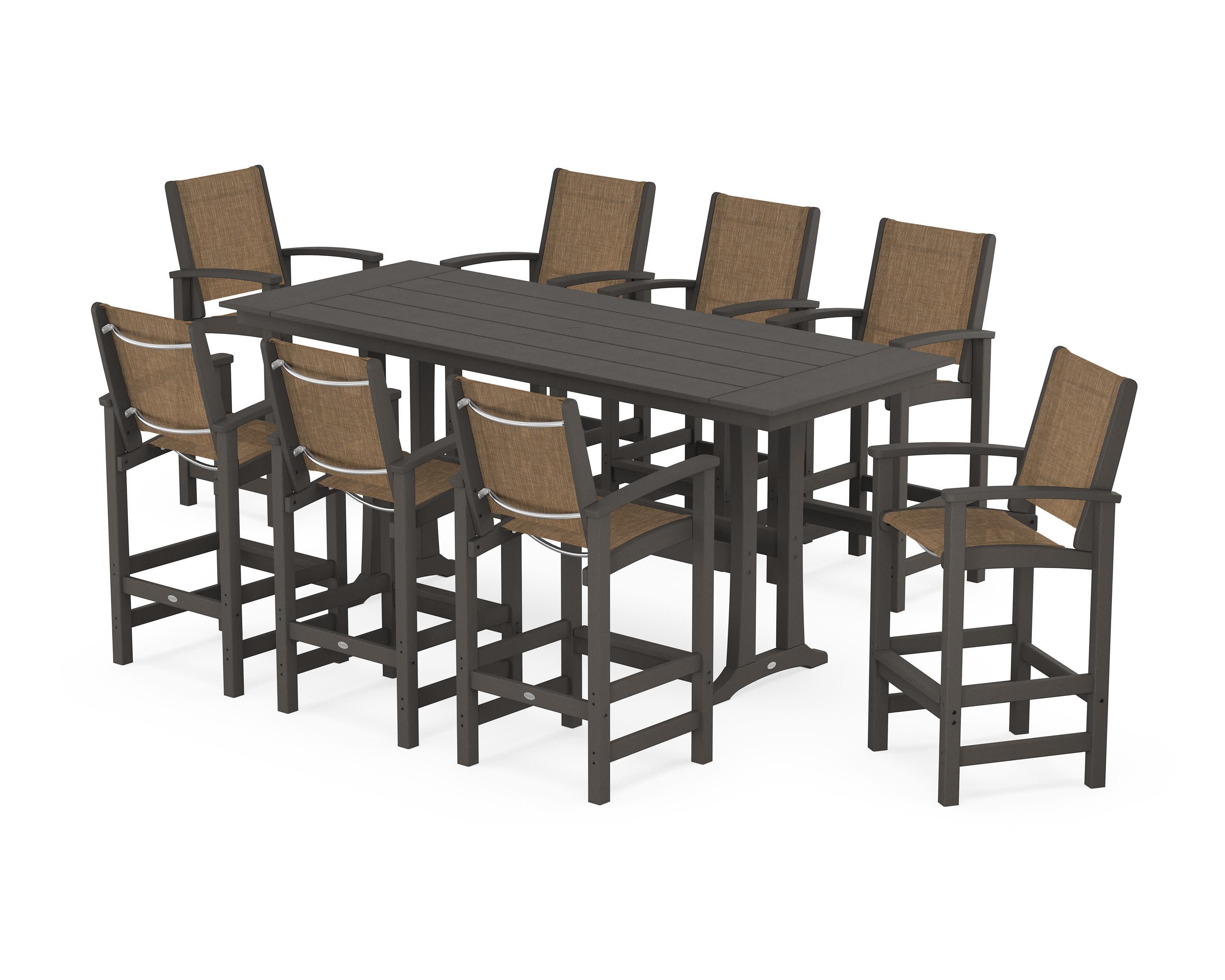 Coastal 9-Piece Farmhouse Bar Set with Trestle Legs in Vintage Coffee / Burlap Sling