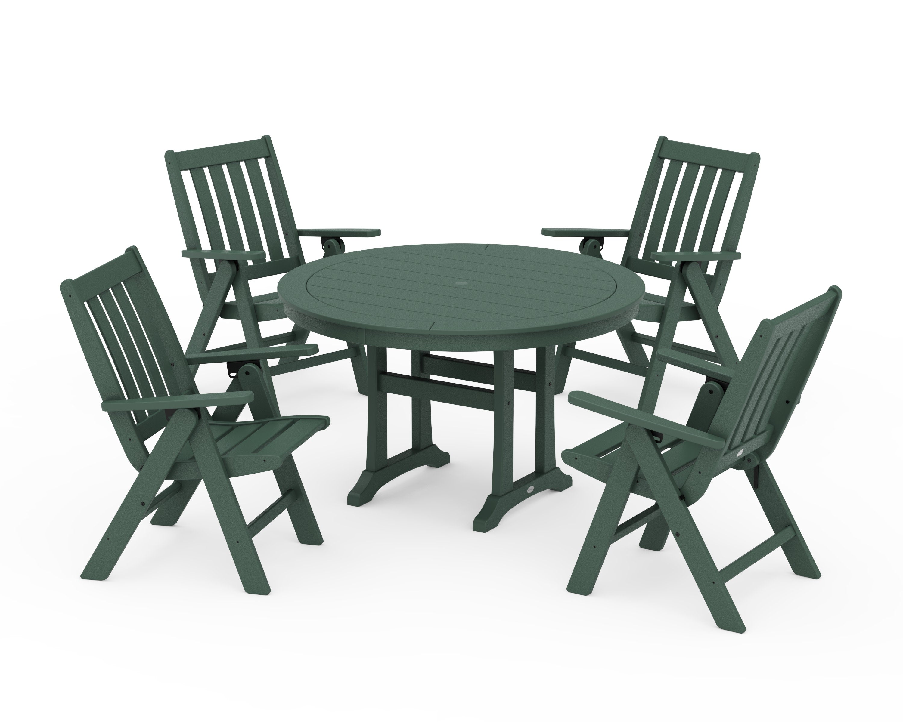 Vineyard Folding Chair 5-Piece Round Dining Set with Trestle Legs in Green