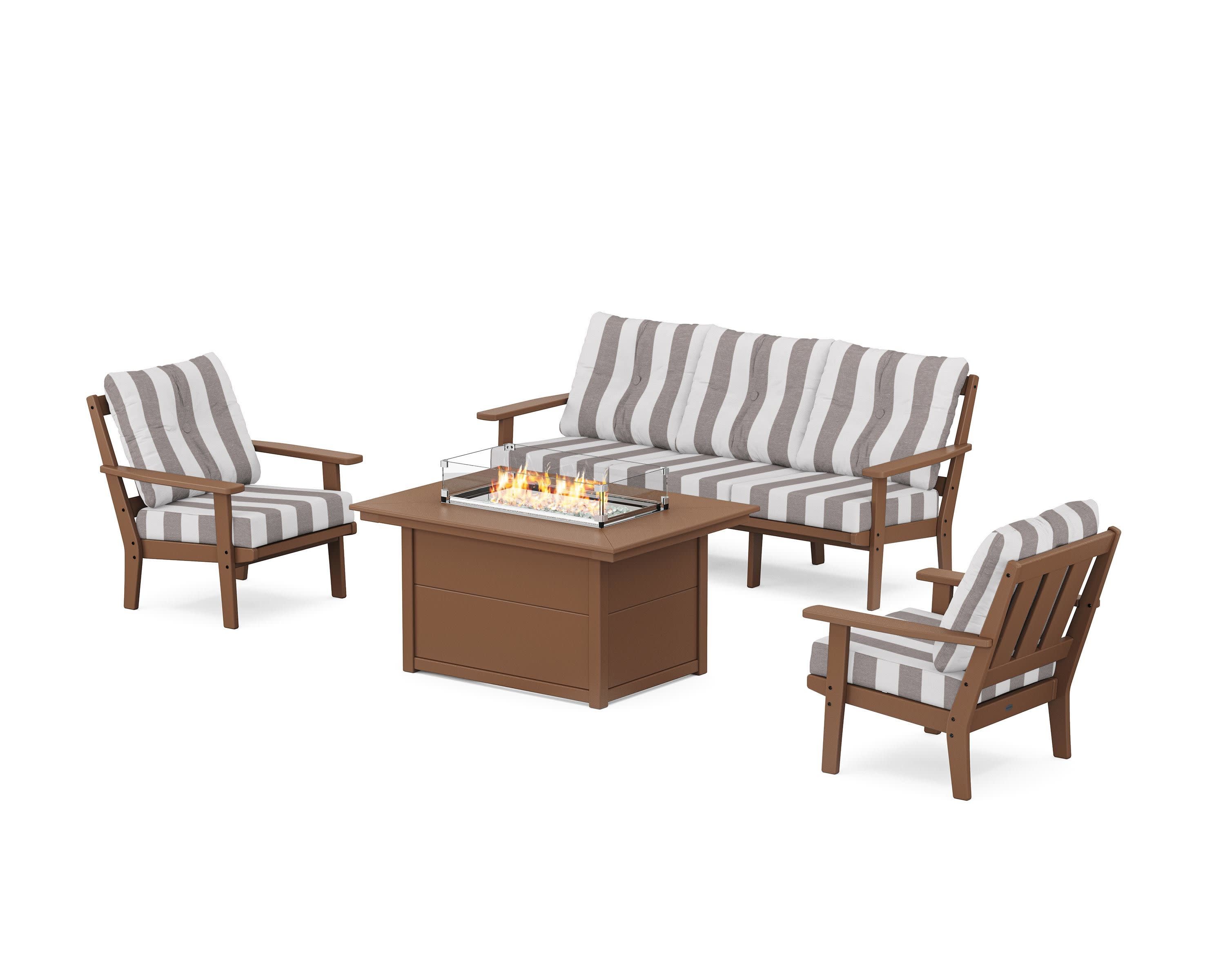 Oxford Deep Seating Fire Pit Table Set in Teak / Cabana Stripe Grey Mist
