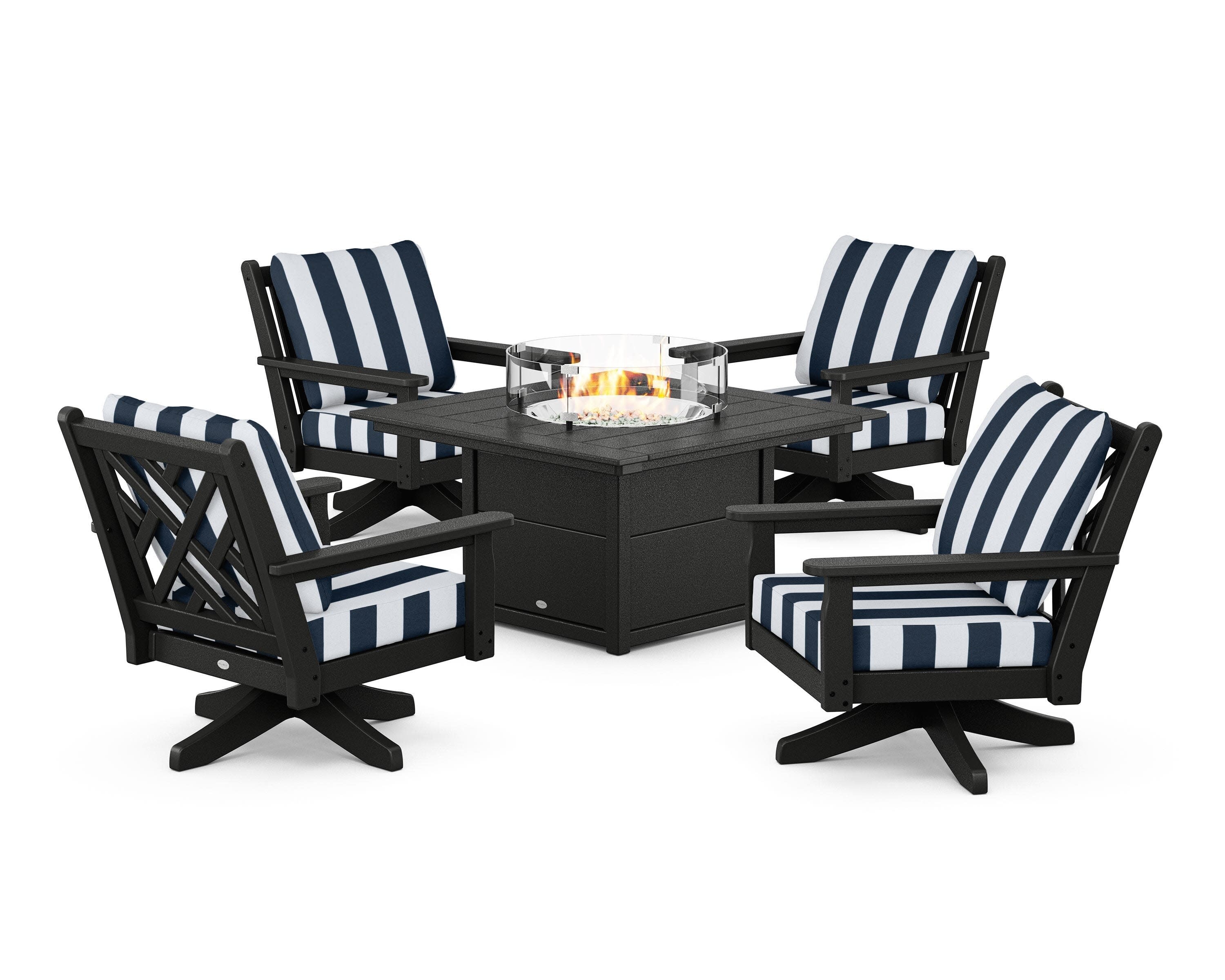 Chippendale 5-Piece Deep Seating Swivel Conversation Set with Fire Pit Table in Black / Cabana Stripe Marine Indigo