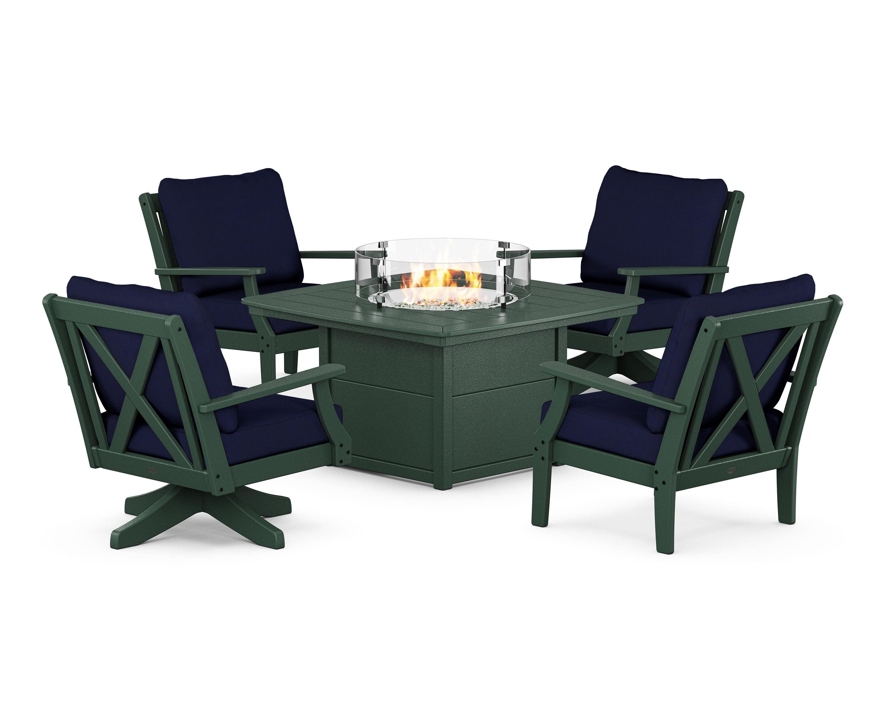 Braxton 5-Piece Deep Seating Set with Fire Table in Green / Navy