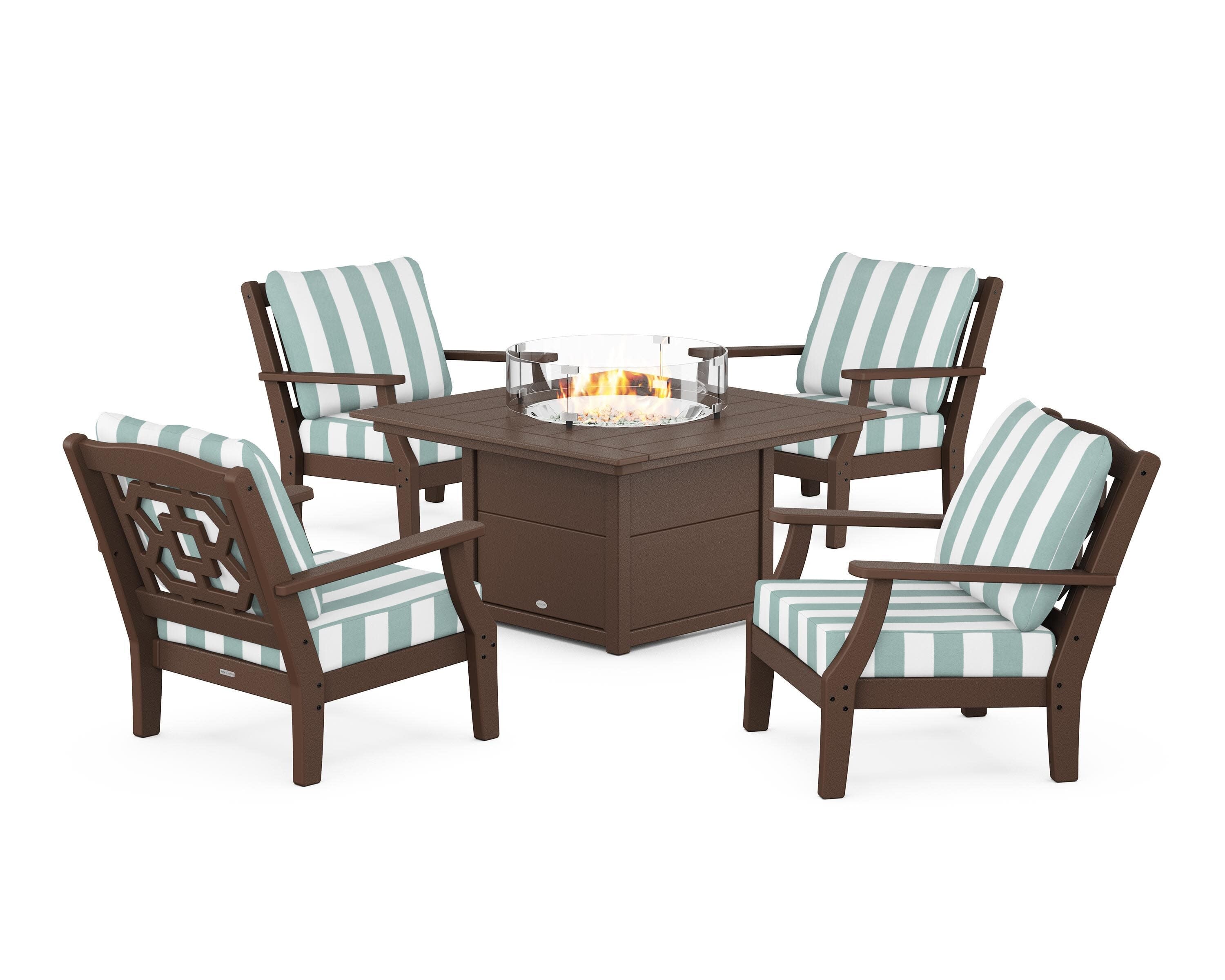 Chinoiserie 5-Piece Deep Seating Set with Fire Pit Table in Mahogany / Cabana Stripe Glacier Spa
