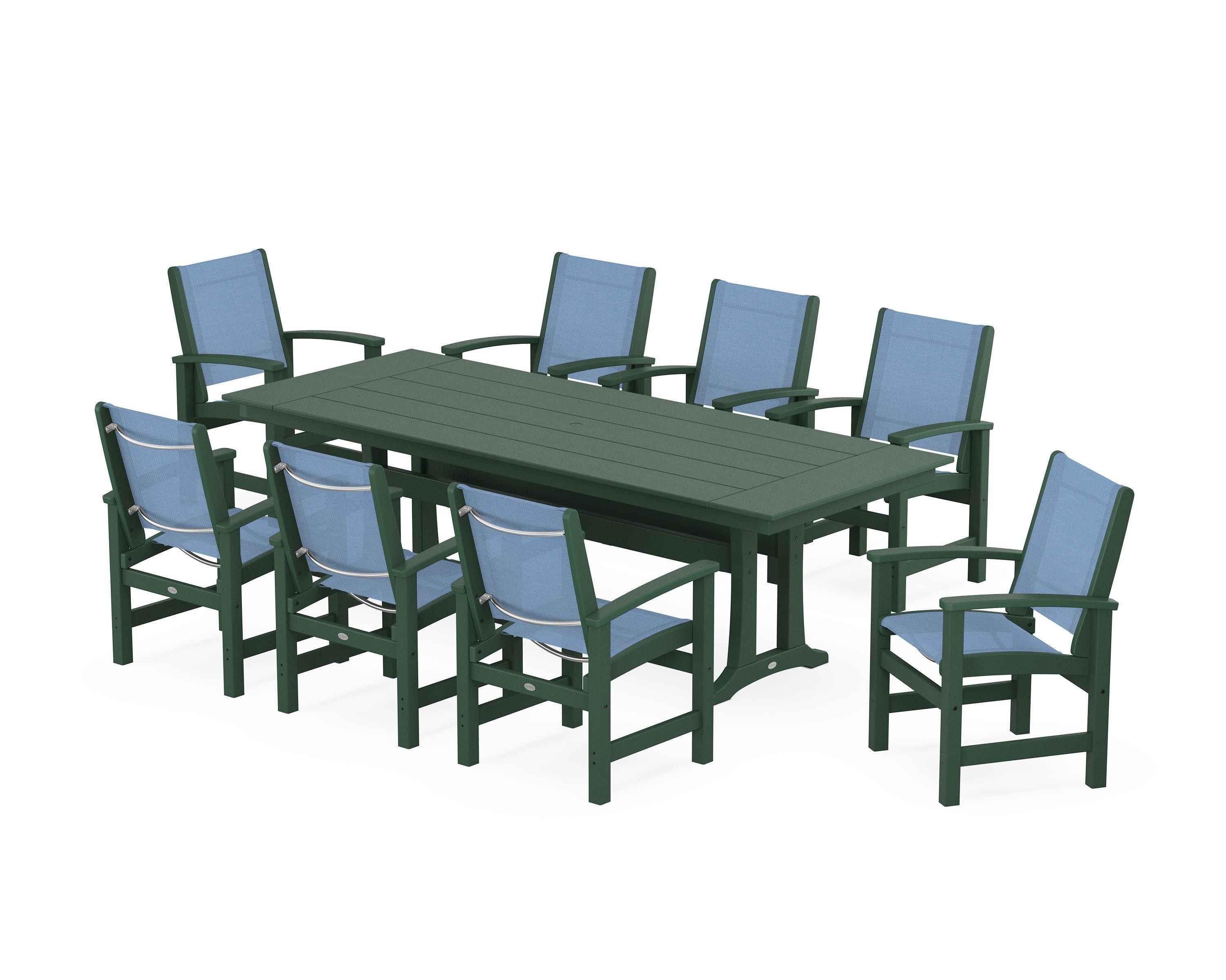 Coastal 9-Piece Farmhouse Dining Set with Trestle Legs in Green / Poolside Sling