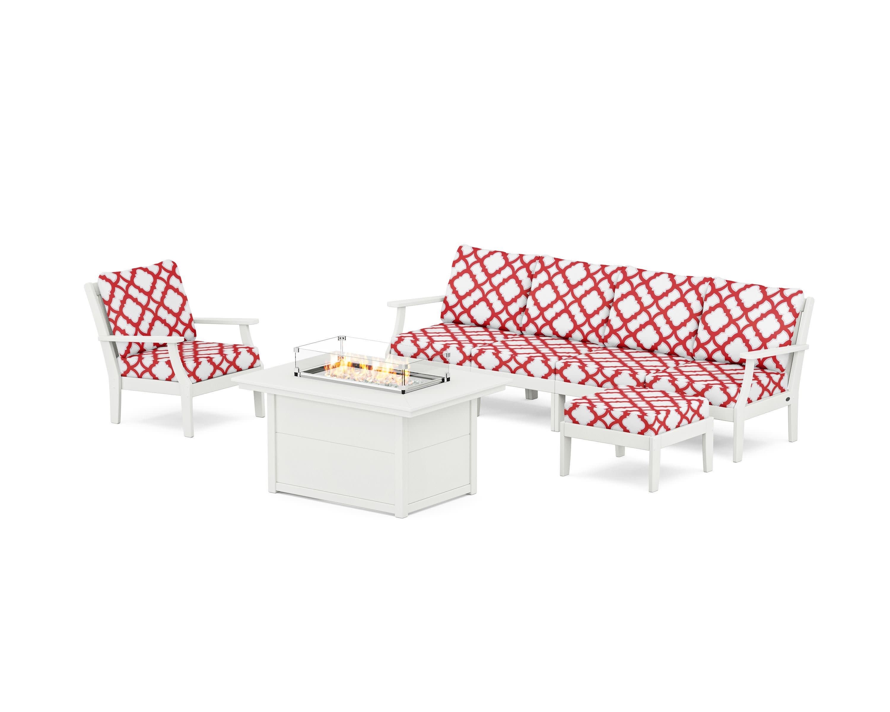 Braxton Sectional Lounge and Fire Pit Set in Vintage White / Trellis Crimson