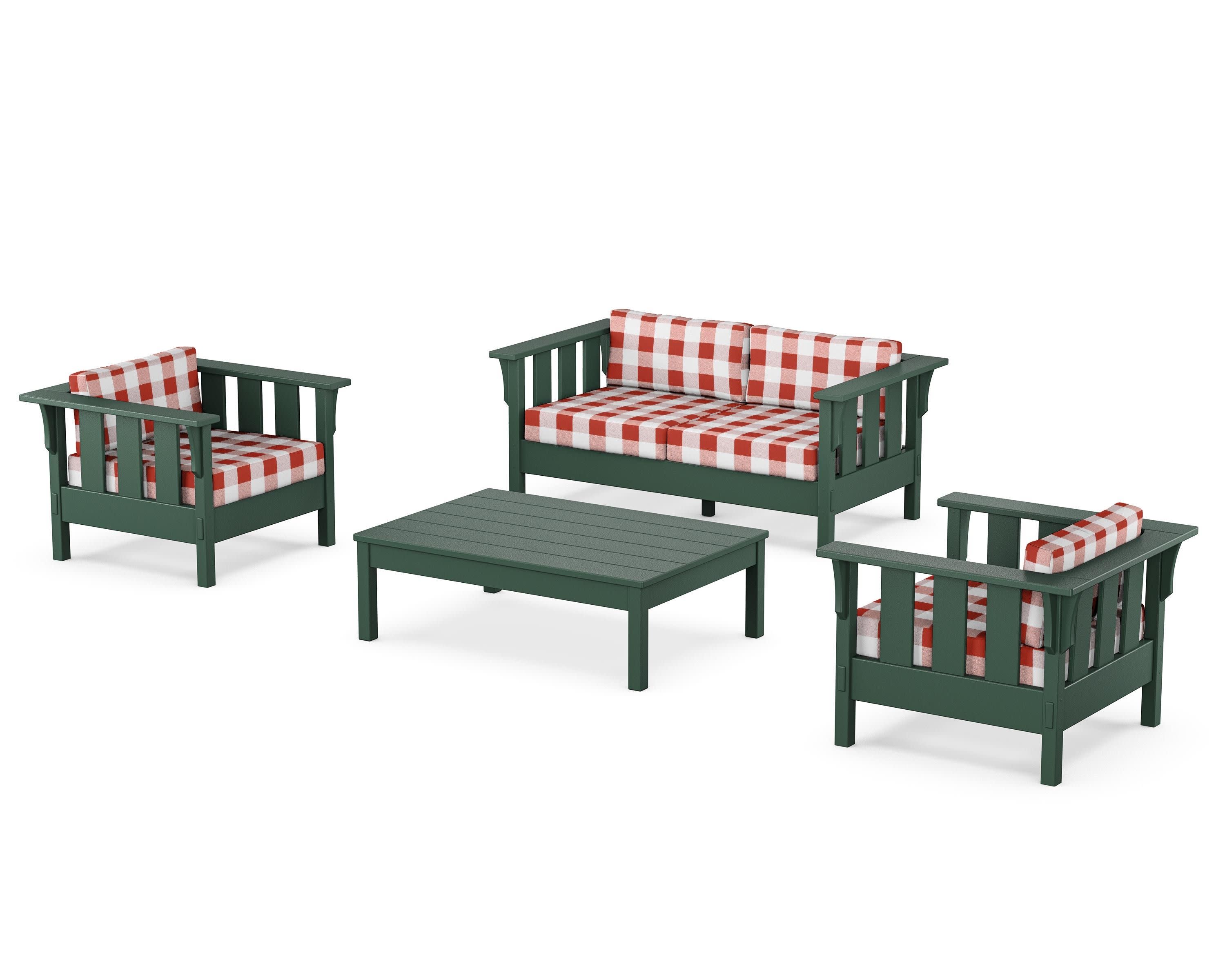 Acadia 4-Piece Deep Seating Set with Loveseat in Green / Buffalo Plaid Crimson