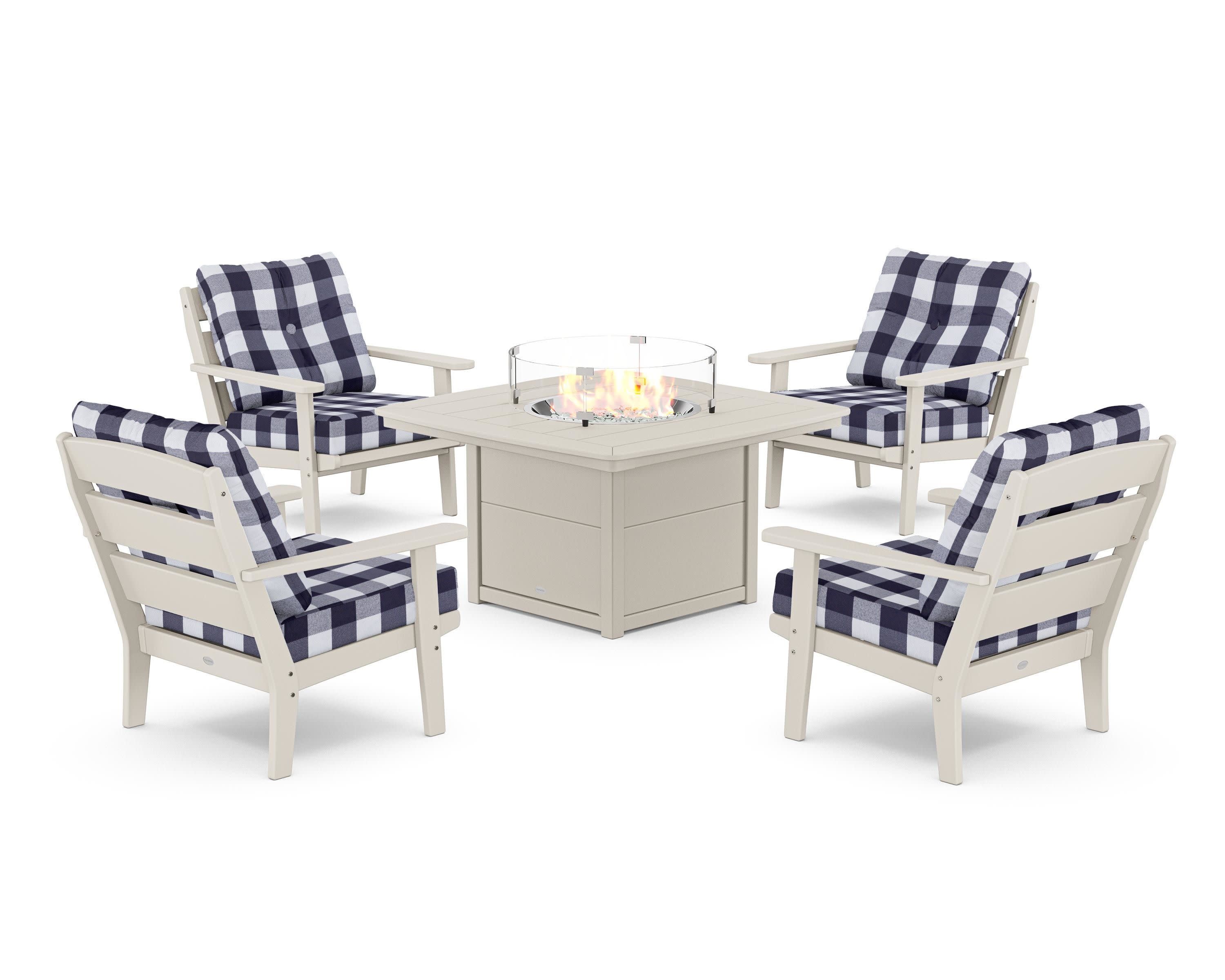 Lakeside 5-Piece Deep Seating Set with Nautical Fire Pit Table in Sand / Buffalo Plaid Navy