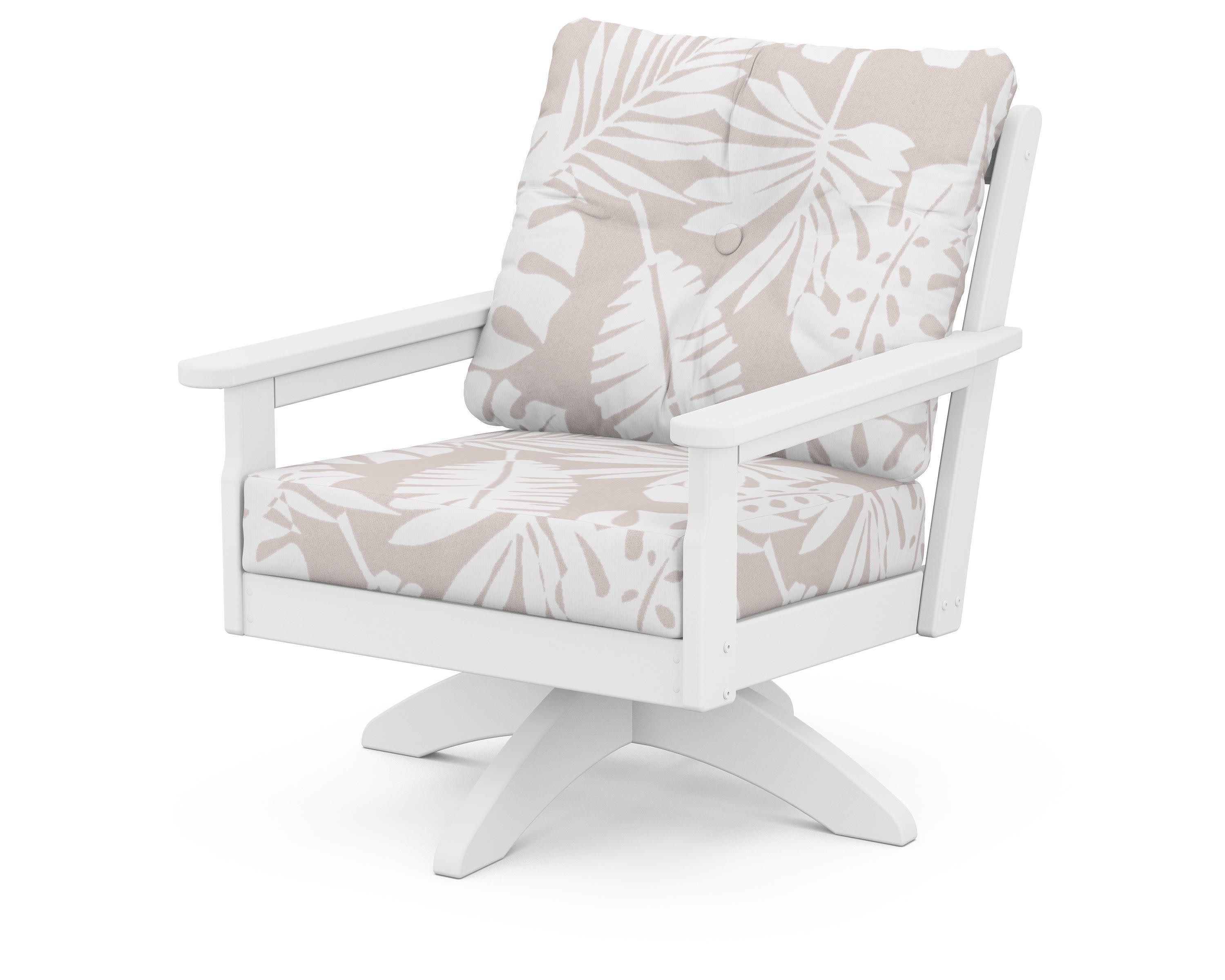 Vineyard Deep Seating Swivel Chair in White / Leaf Dune Burlap
