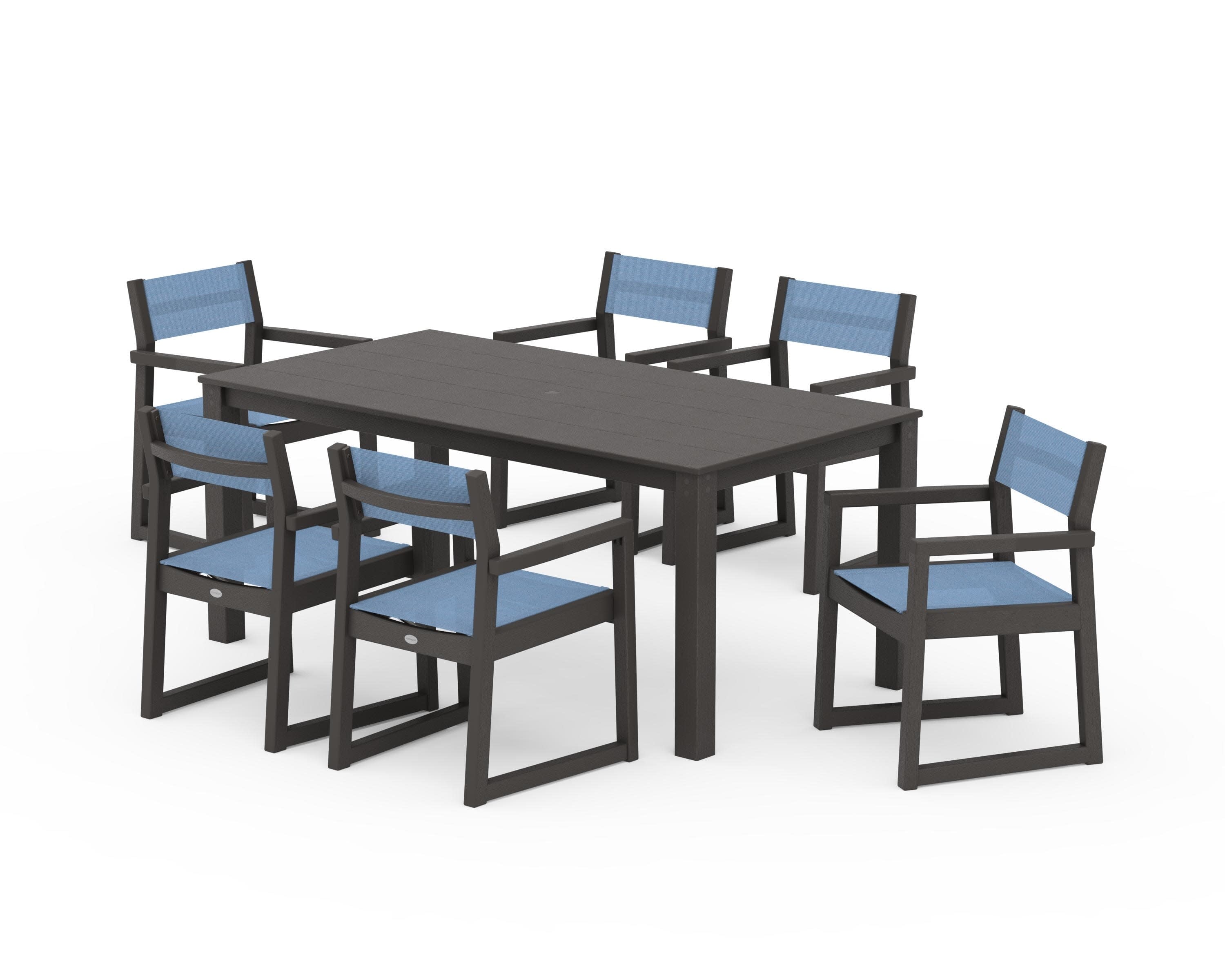 EDGE Sling Arm Chair 7-Piece Parsons Dining Set in Vintage Coffee / Poolside Sling