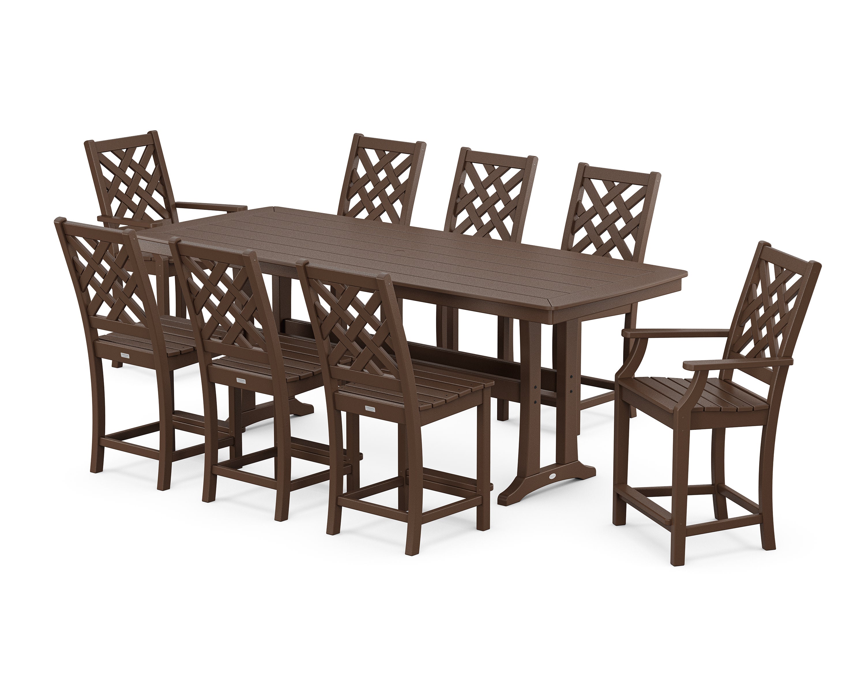 Wovendale 9-Piece Counter Set with Trestle Legs in Mahogany