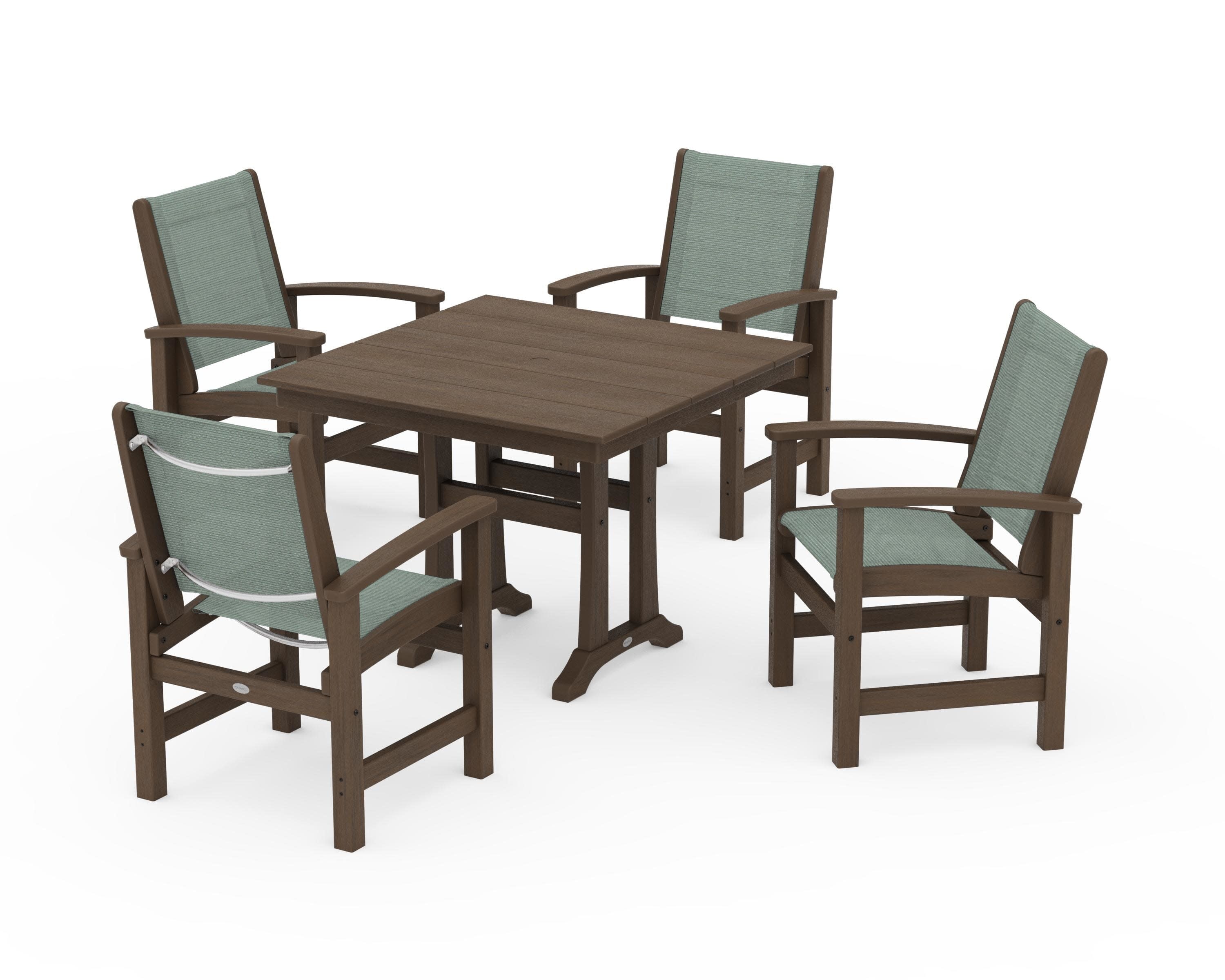 Coastal 5-Piece Farmhouse Dining Set With Trestle Legs in Kona / Dupioni Sea Mist Sling