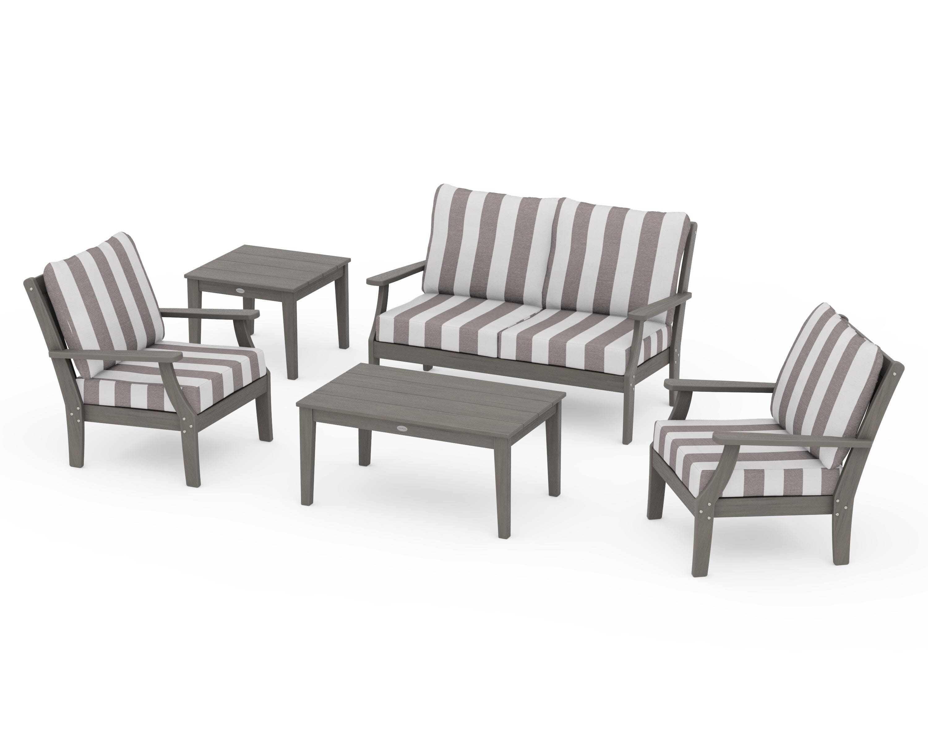 Braxton 5-Piece Deep Seating Set in Driftwood / Cabana Stripe Grey Mist