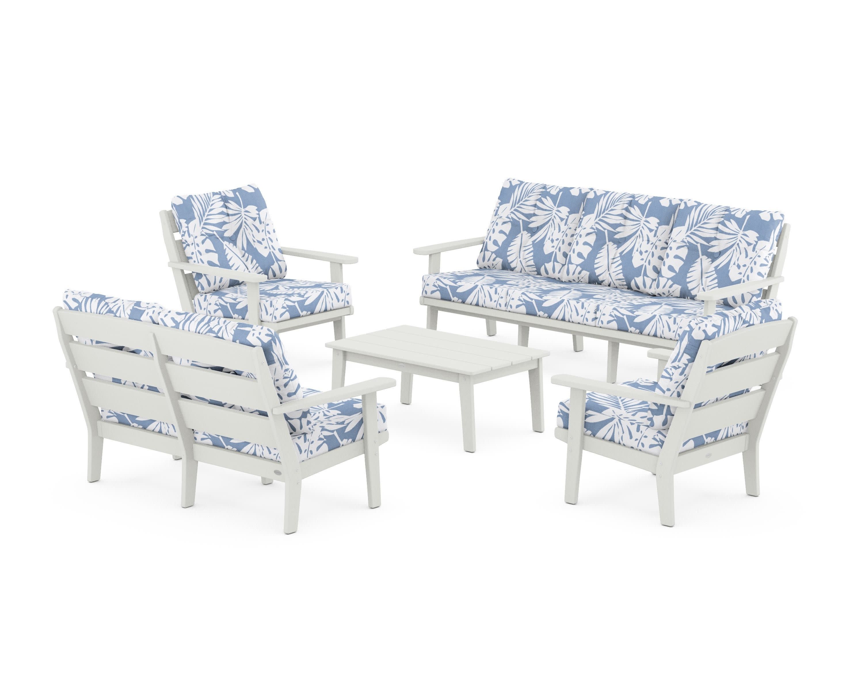 Lakeside 5-Piece Lounge Sofa Set in Vintage White / Leaf Sky Blue
