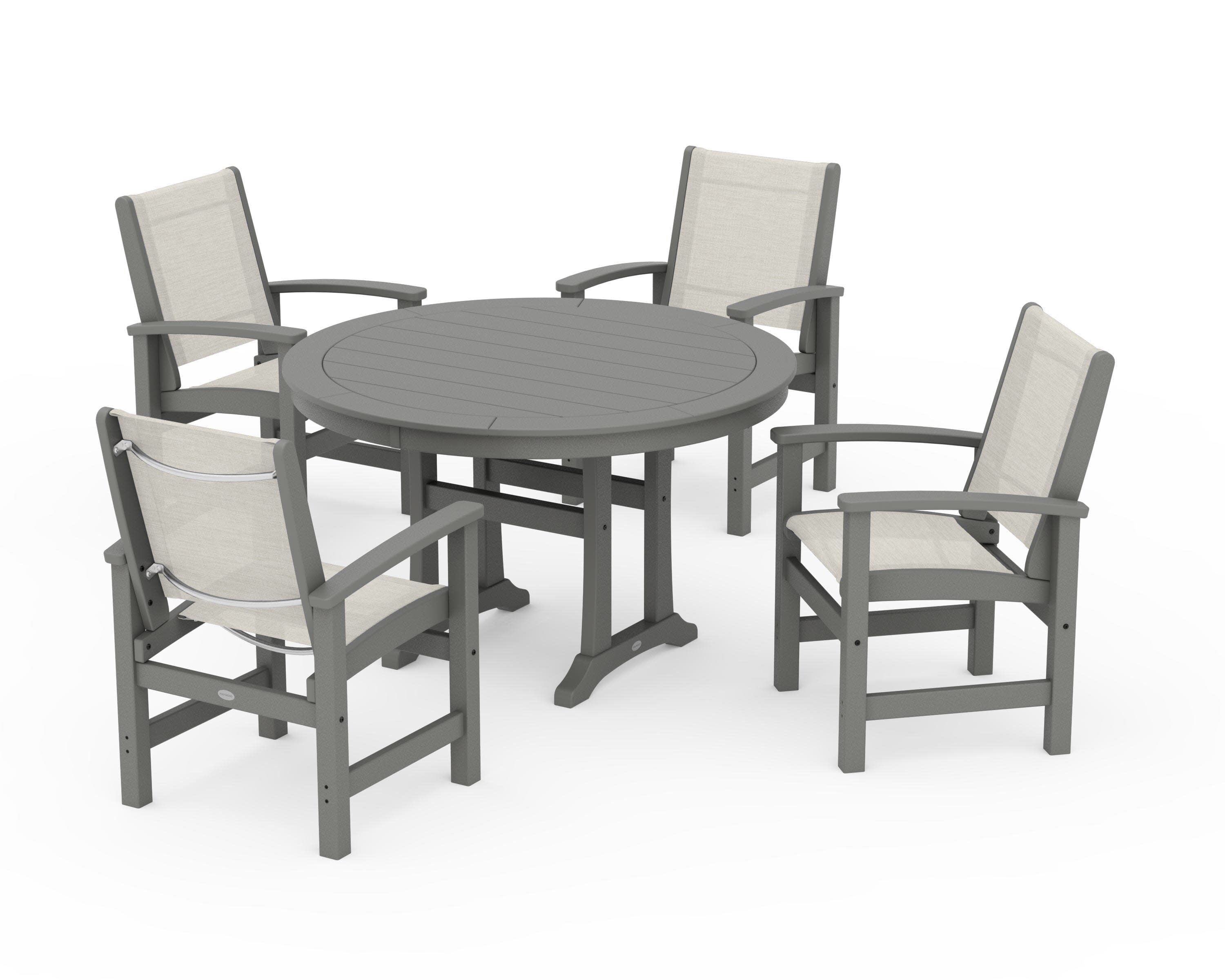 Coastal 5-Piece Round Dining Set with Trestle Legs in Slate Grey / Parchment Sling