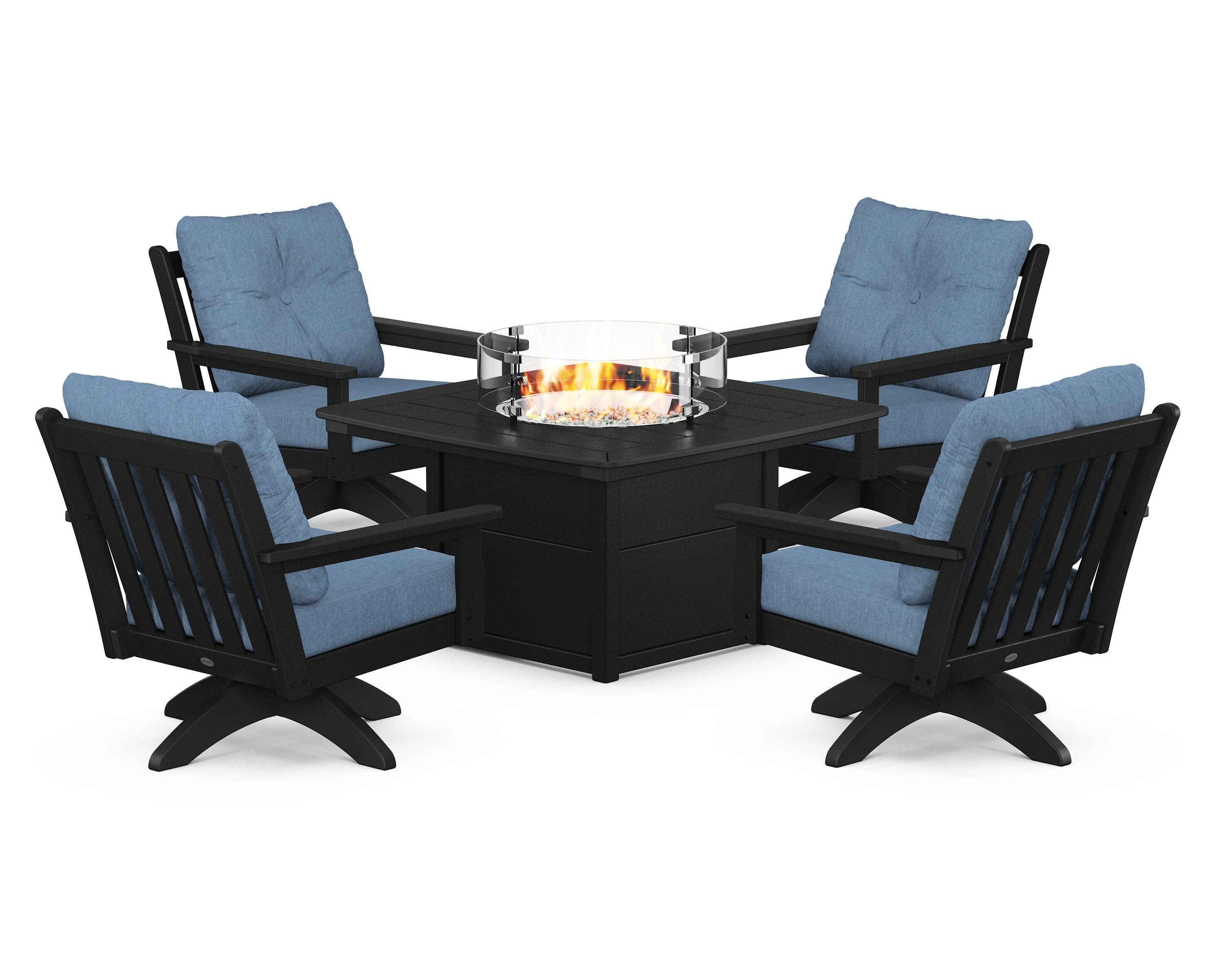 Vineyard 5-Piece Deep Seating Swivel Conversation Set with Fire Pit Table in Black / Sky Blue