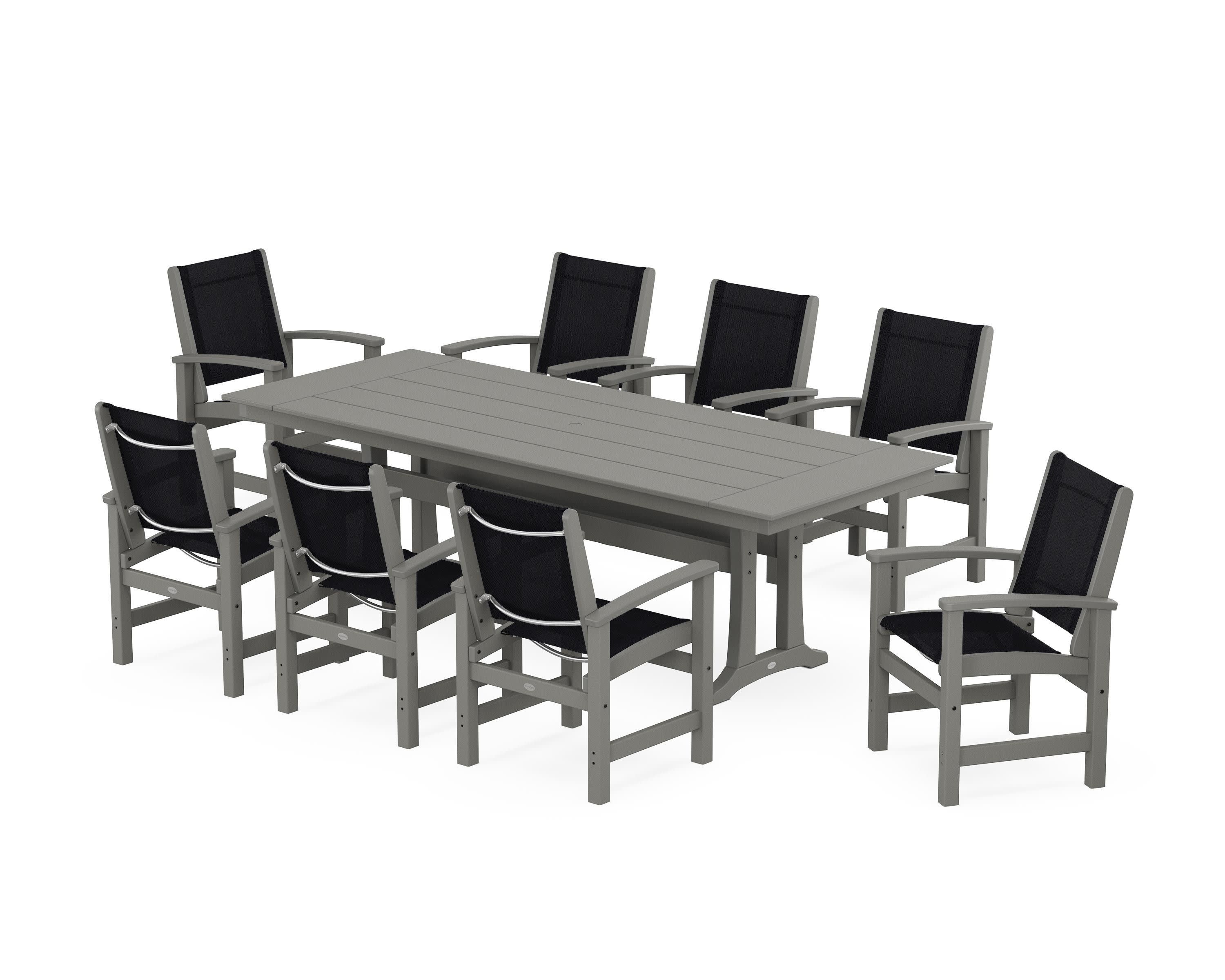 Coastal 9-Piece Farmhouse Dining Set with Trestle Legs in Slate Grey / Black Sling