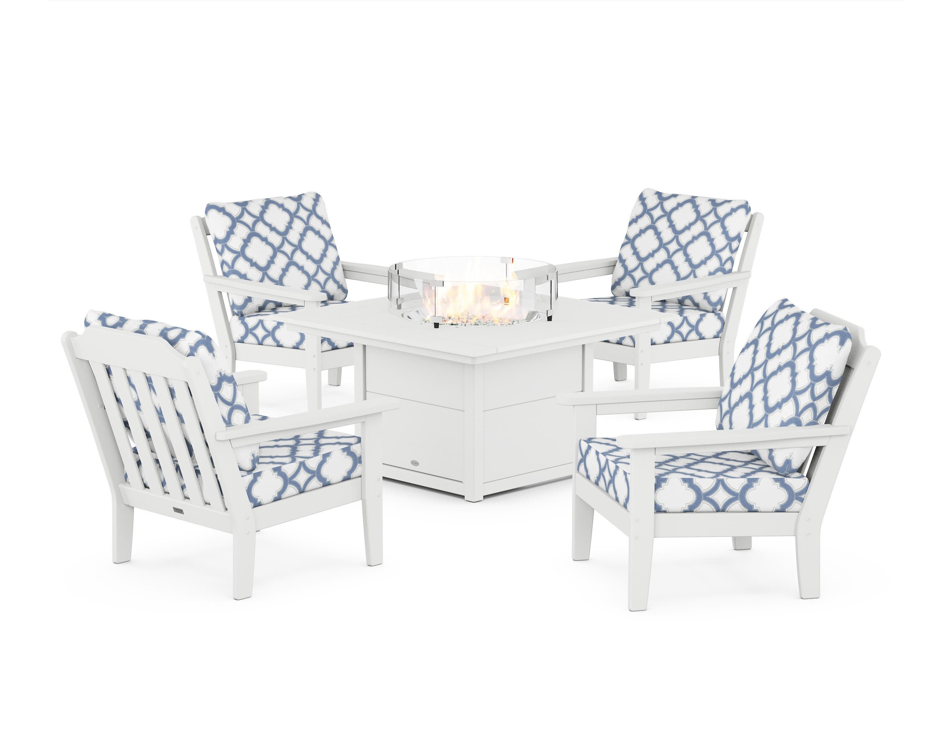 Cottage 5-Piece Deep Seating Set with Fire Pit Table in White / Trellis Sky Blue
