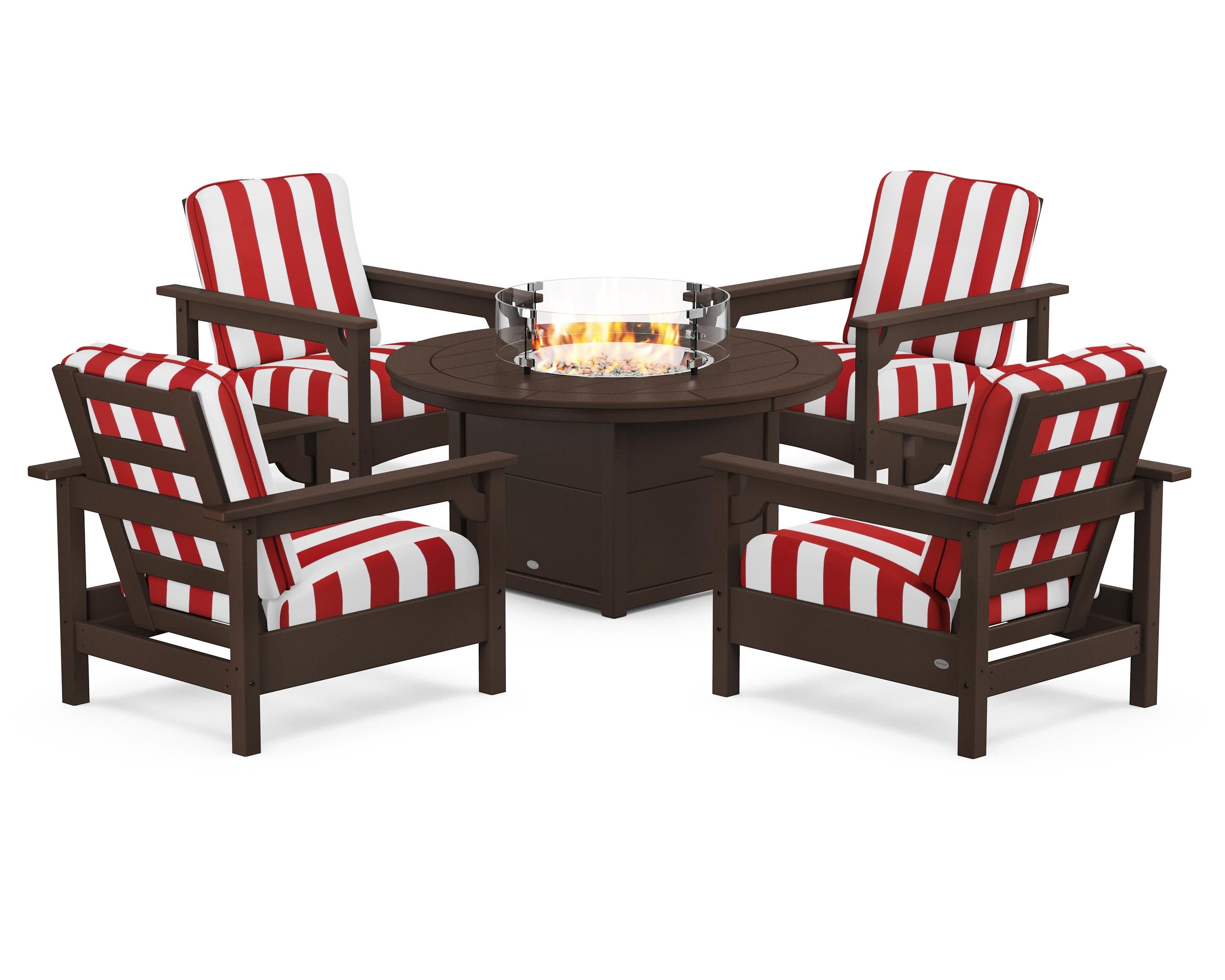 Club 5-Piece Conversation Set with Fire Pit Table in Mahogany / Cabana Stripe Crimson
