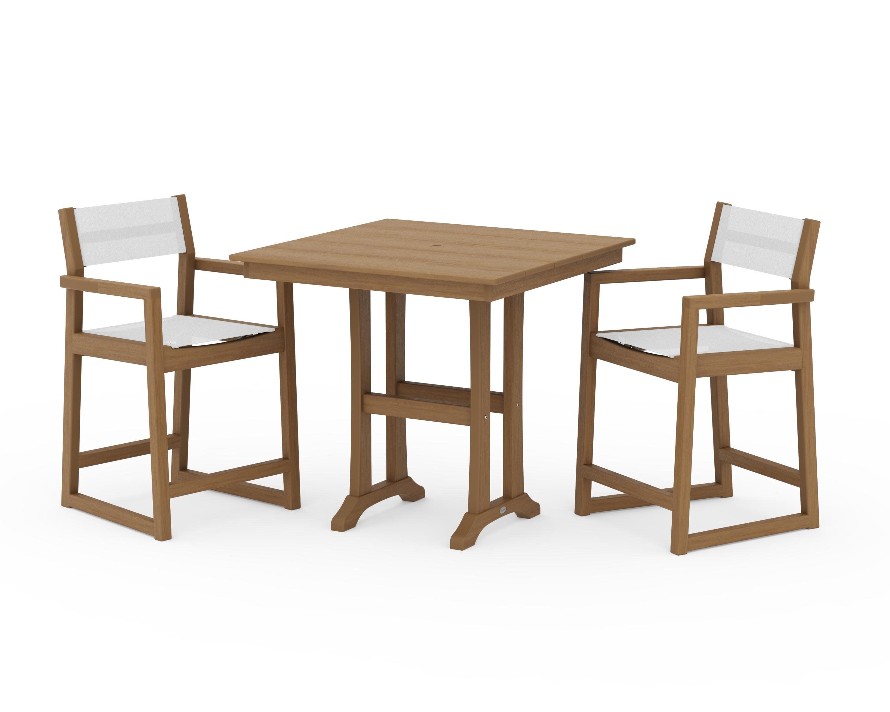 EDGE Sling Arm Chair 3-Piece Farmhouse Counter Set with Trestle Legs in Natural / White Sling