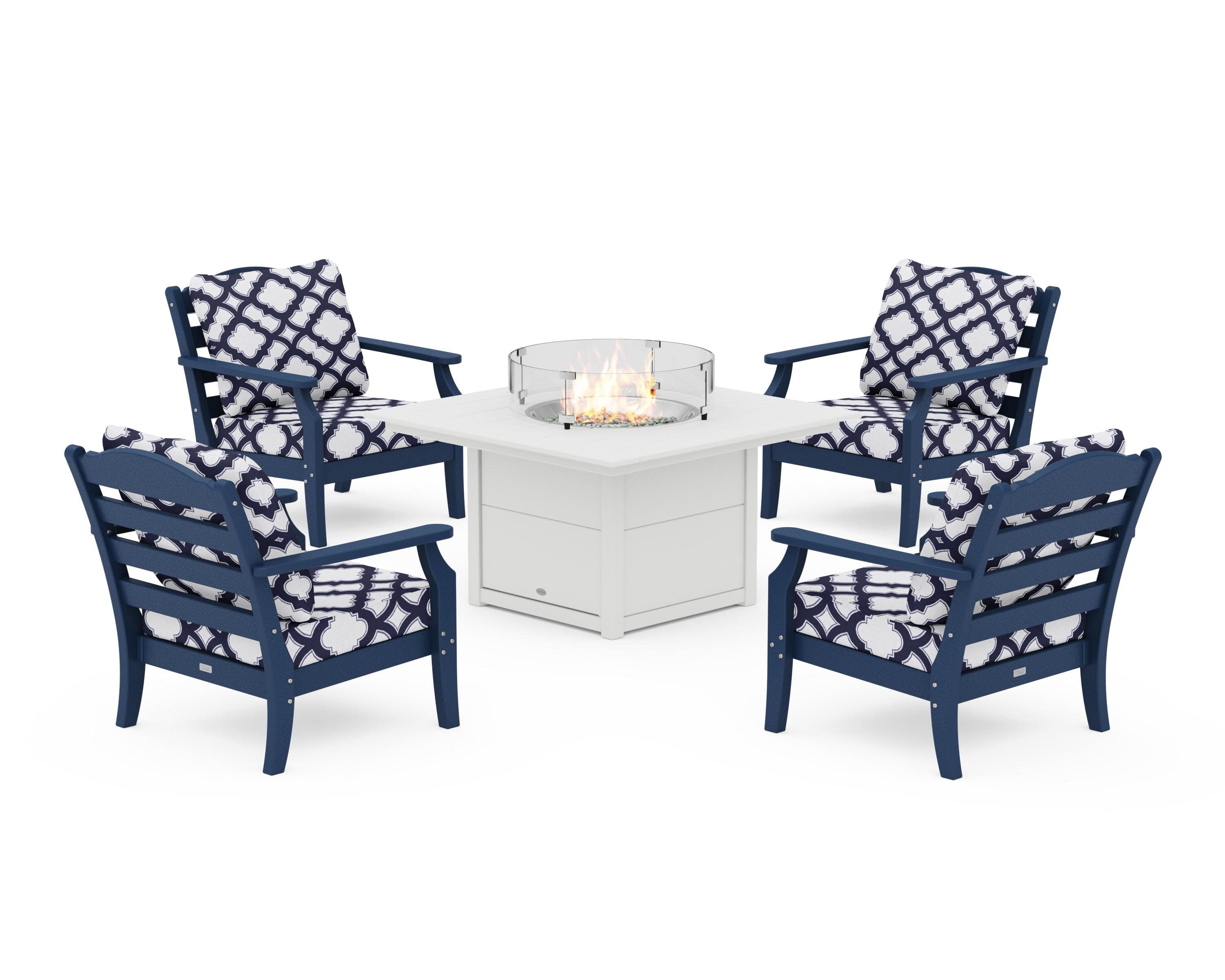 Savannah 5-Piece Deep Seating Set with Fire Pit Table in Navy / Trellis Navy