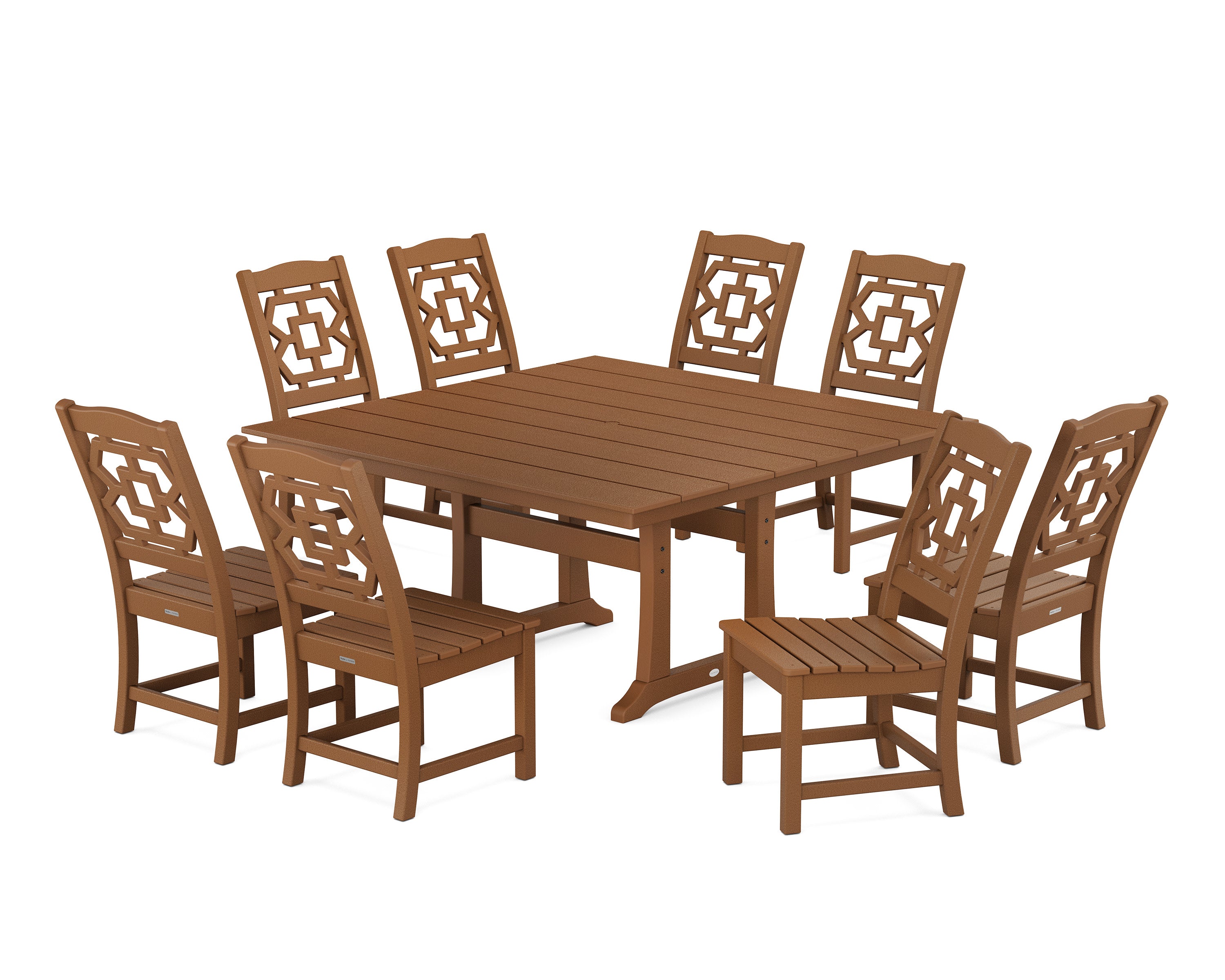 Chinoiserie 9-Piece Square Farmhouse Side Chair Dining Set with Trestle Legs in Teak