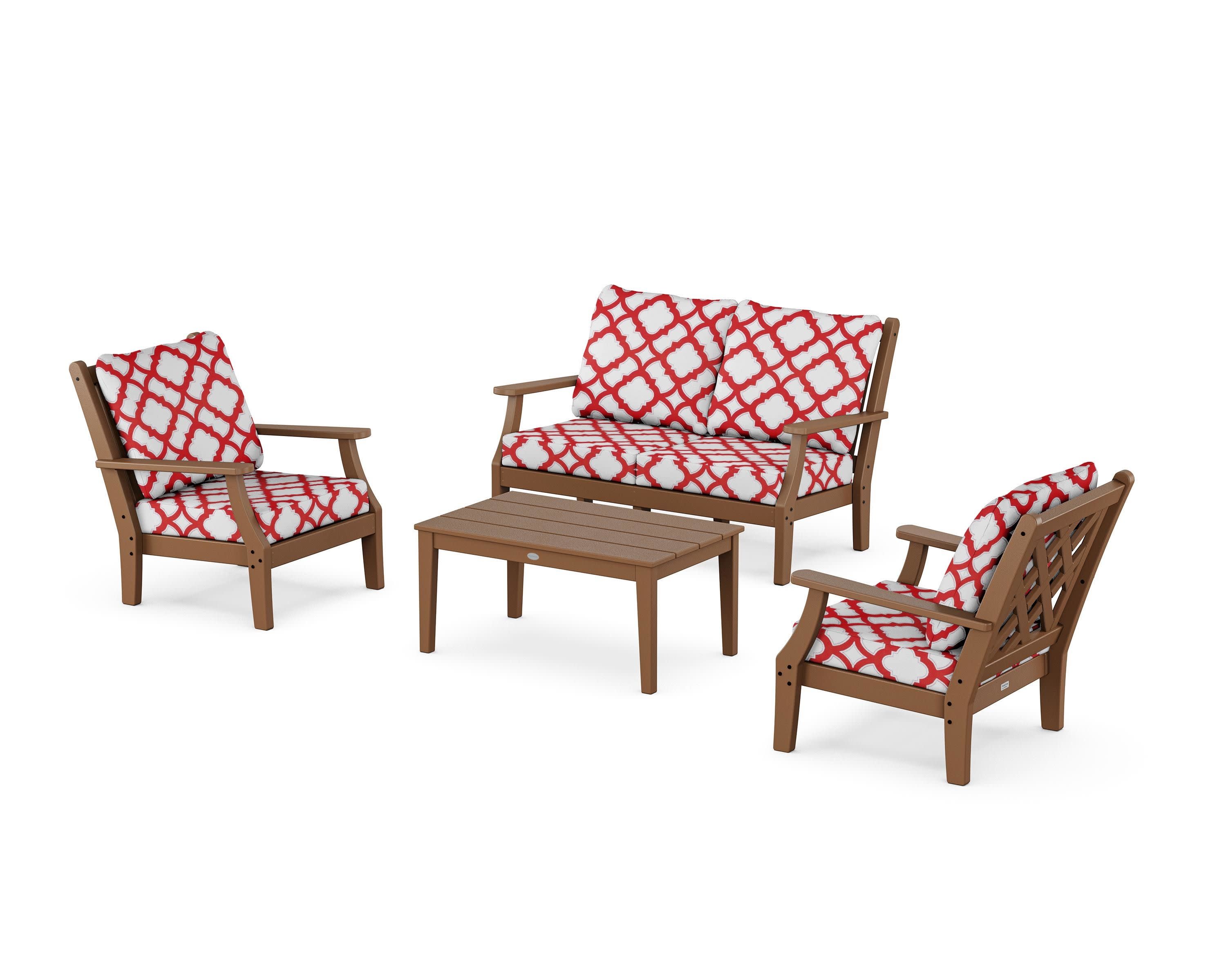 Wovendale 4-Piece Deep Seating Set with Loveseat in Teak / Trellis Crimson