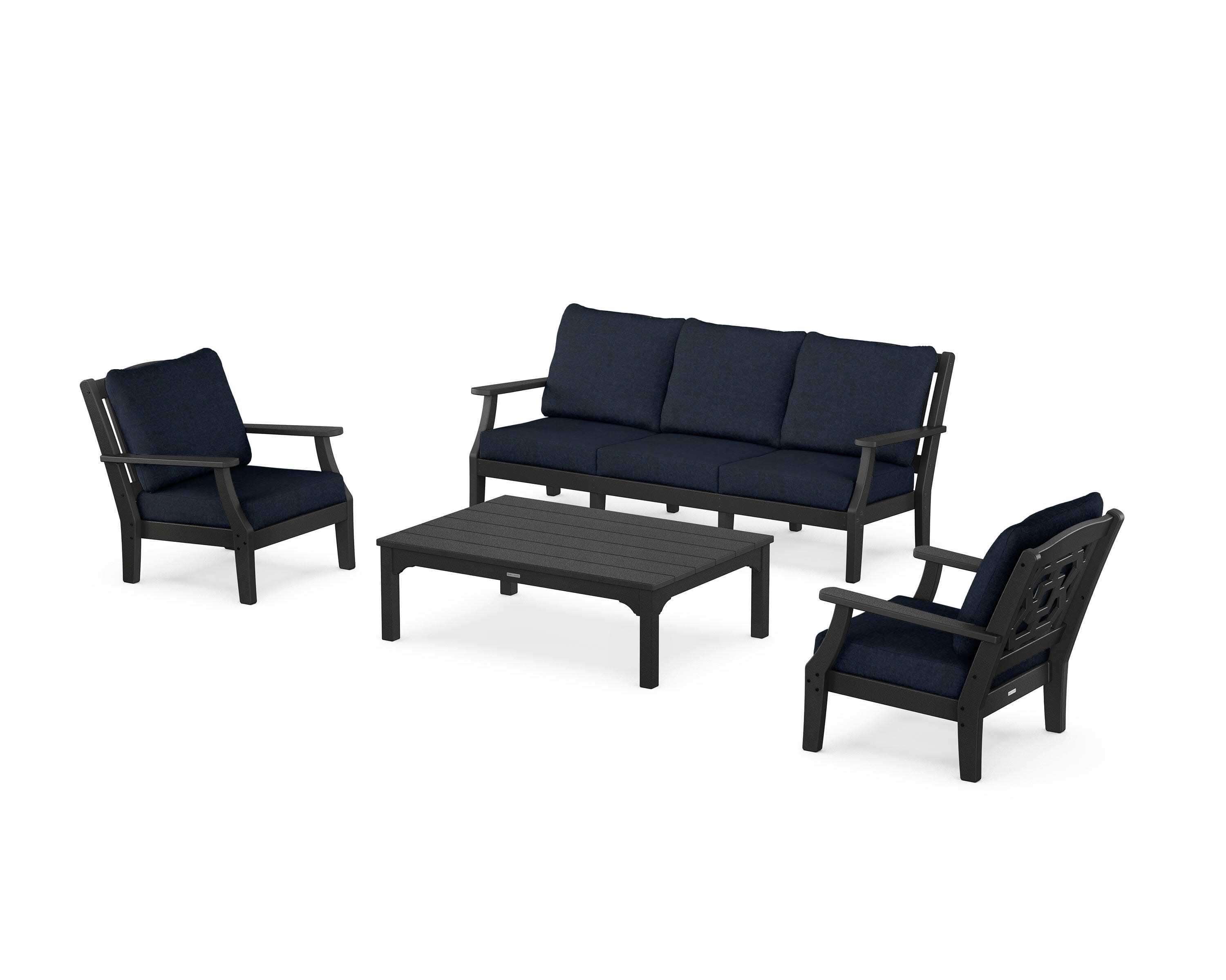 Chinoiserie 4-Piece Deep Seating Set with Sofa in Black / Marine Indigo