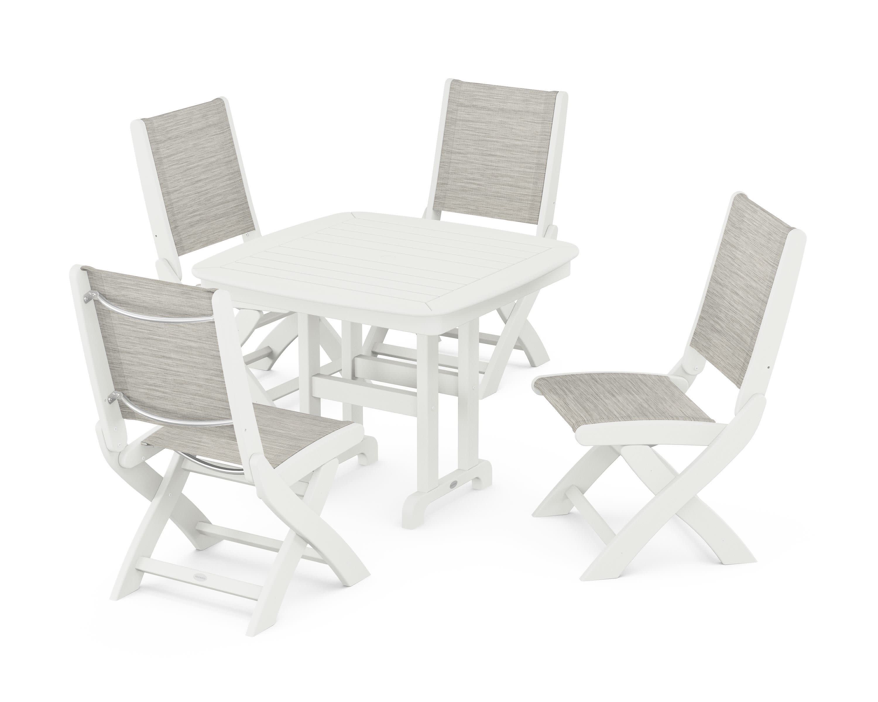 Coastal Folding Side Chair 5-Piece Dining Set in Vintage White / Birch Sling