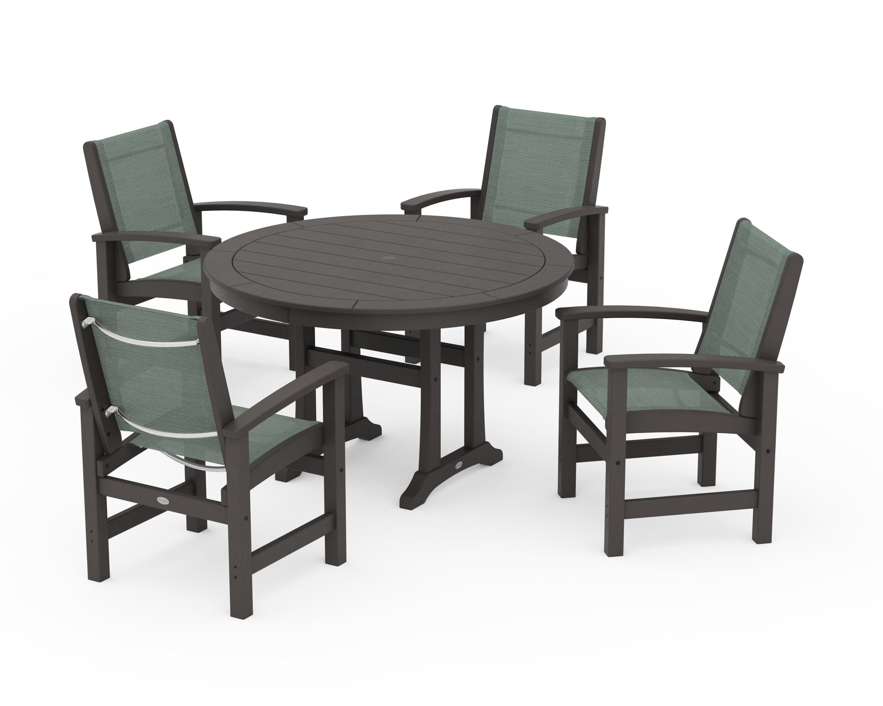 Coastal 5-Piece Round Dining Set with Trestle Legs in Vintage Coffee / Dupioni Sea Mist Sling
