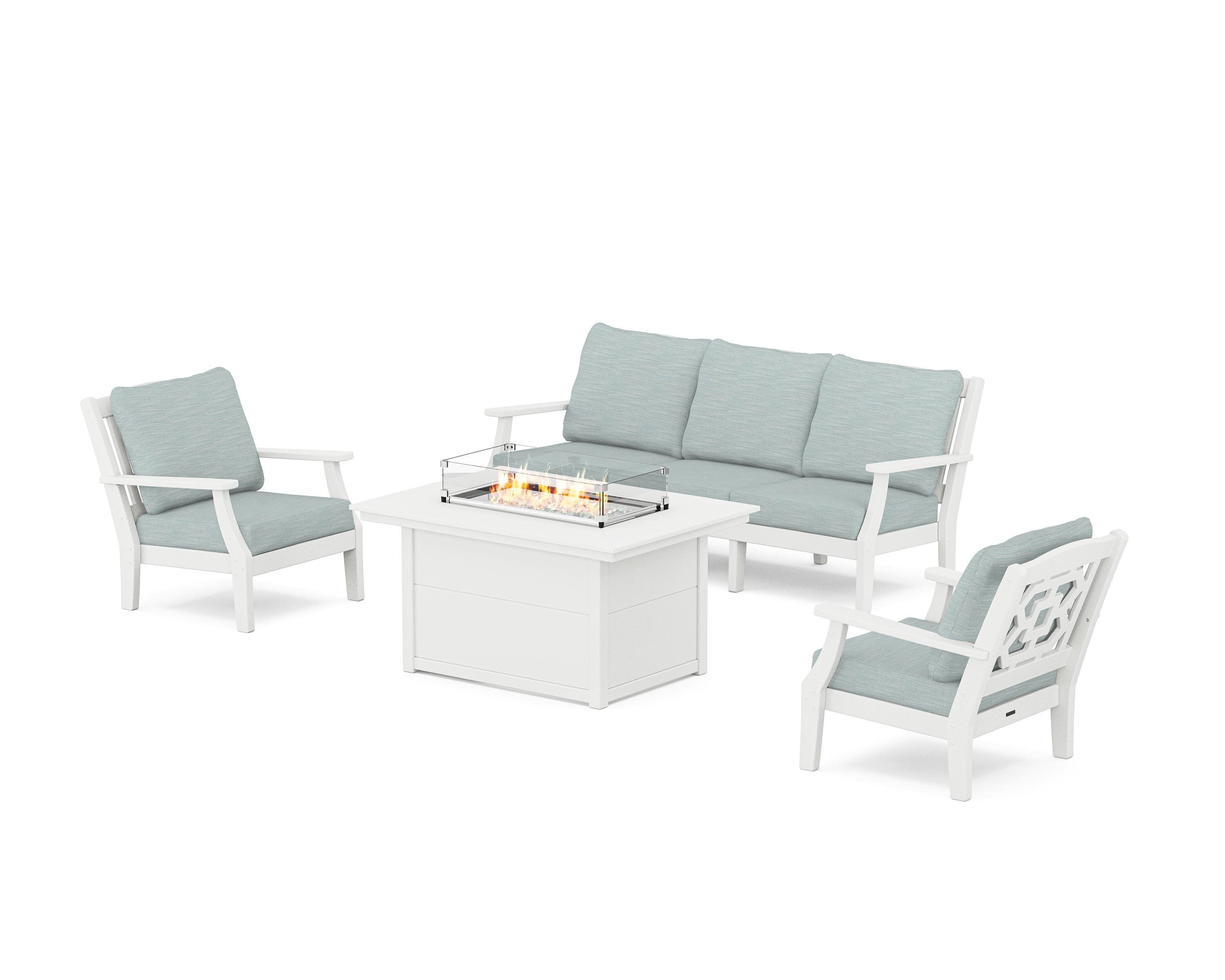 Chinoiserie Deep Seating Fire Pit Table Set in White / Soothe Mist