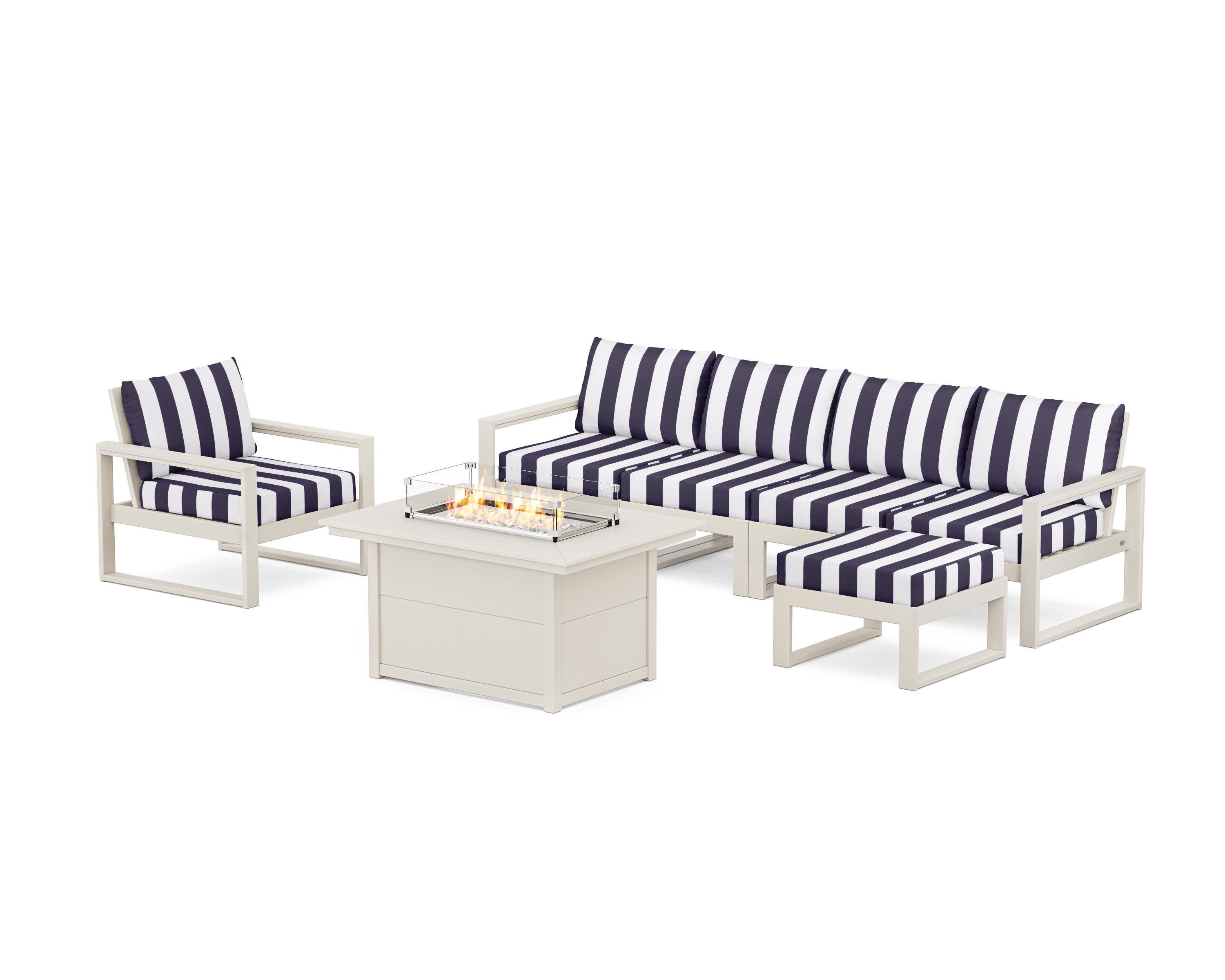 EDGE Sectional Lounge and Fire Pit Set in Sand / Cabana Stripe Navy