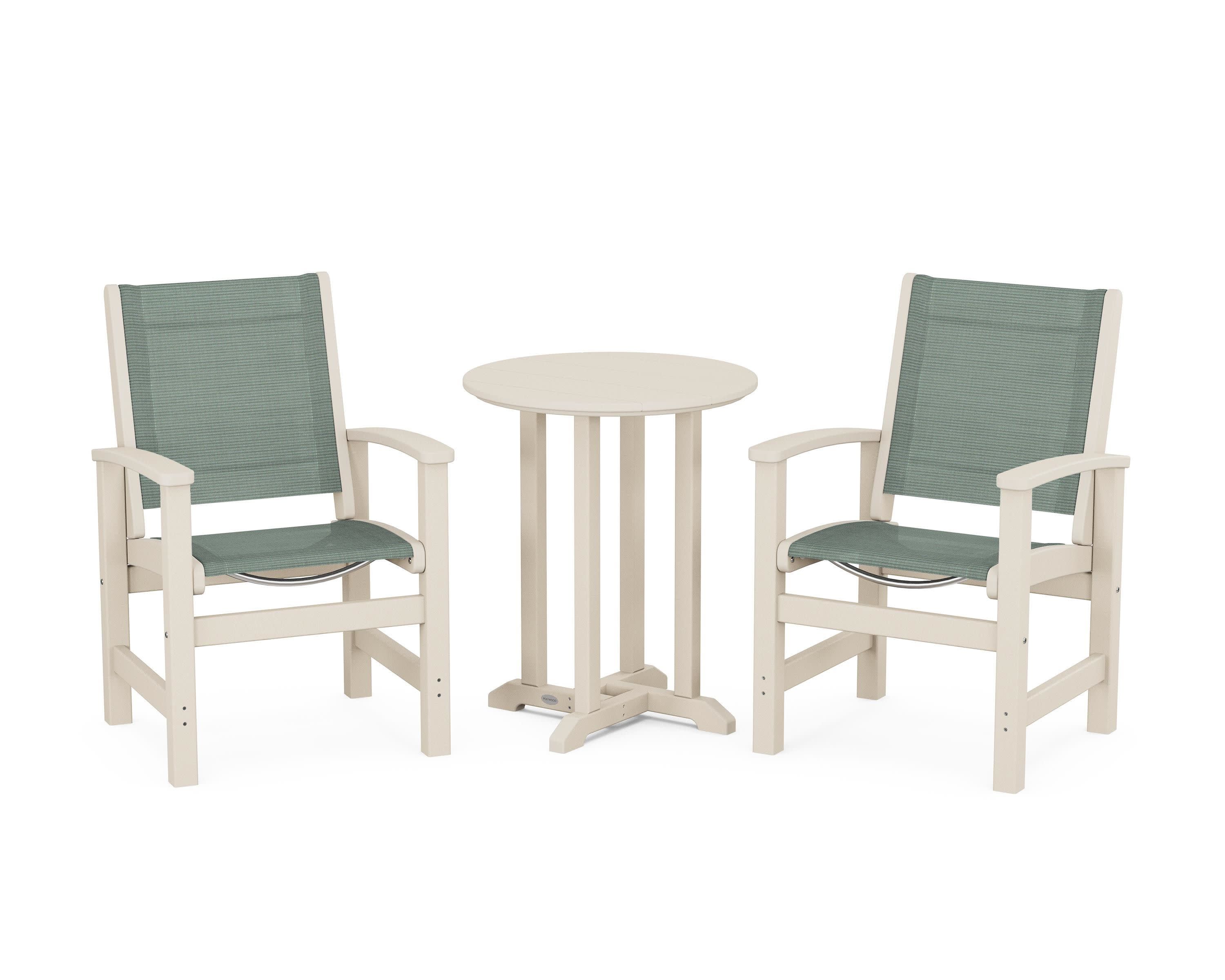 Coastal 3-Piece Round Bistro Dining Set in Sand / Dupioni Sea Mist Sling