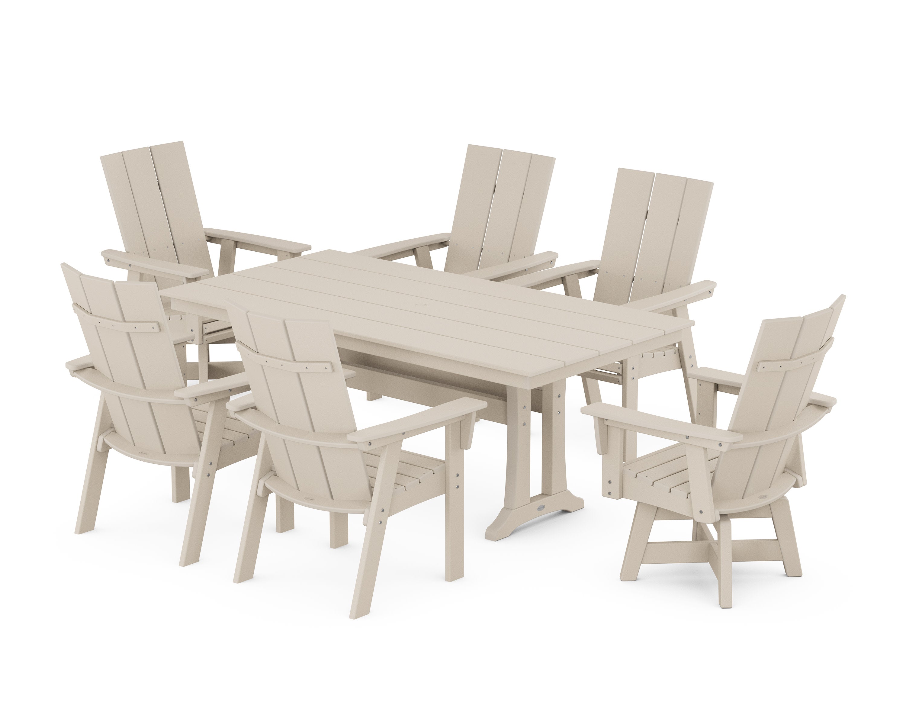 Modern Curveback Adirondack Swivel Chair 7-Piece Farmhouse Dining Set With Trestle Legs in Sand