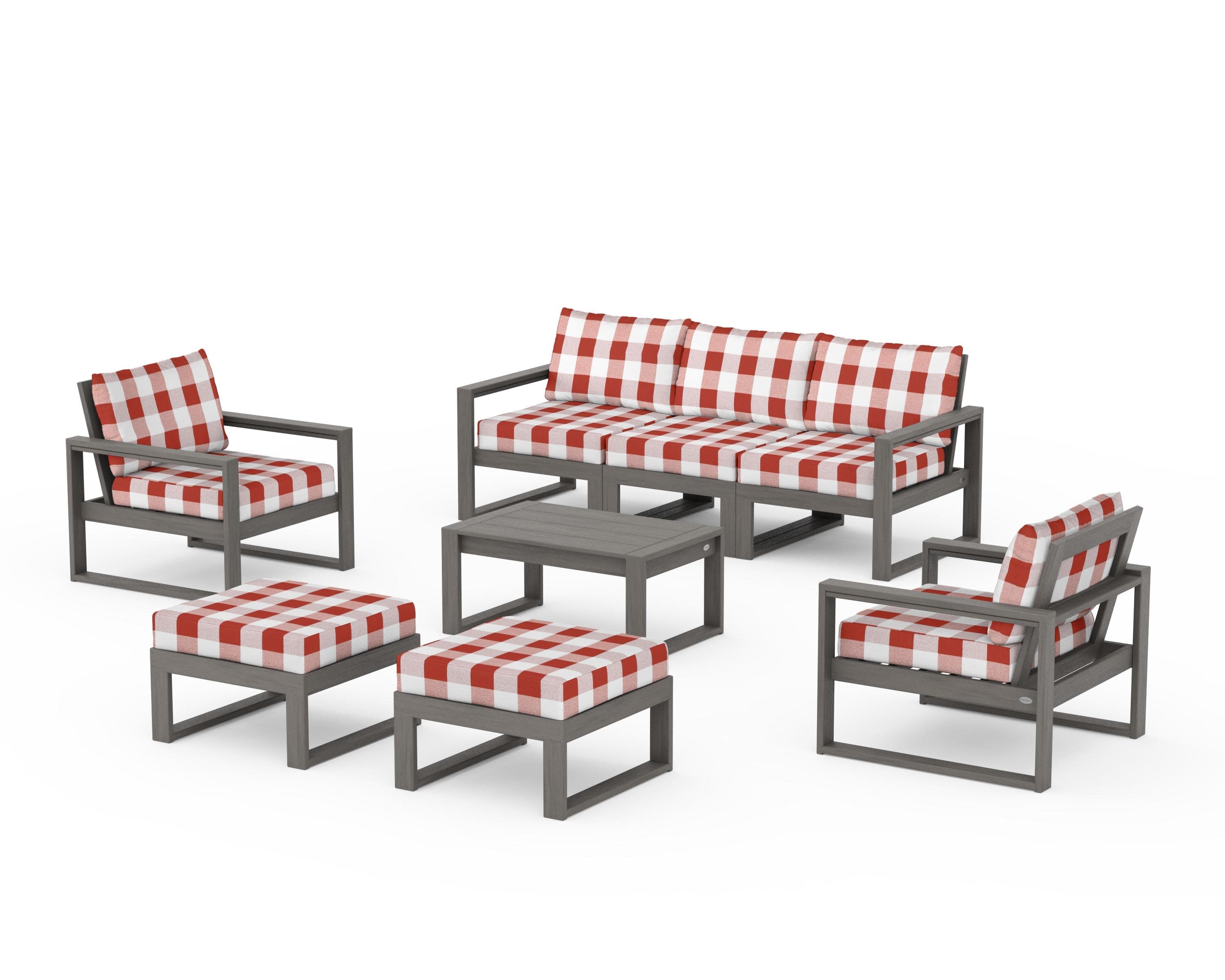 EDGE Sectional 8-Piece Lounge Sofa Set in Driftwood / Buffalo Plaid Crimson