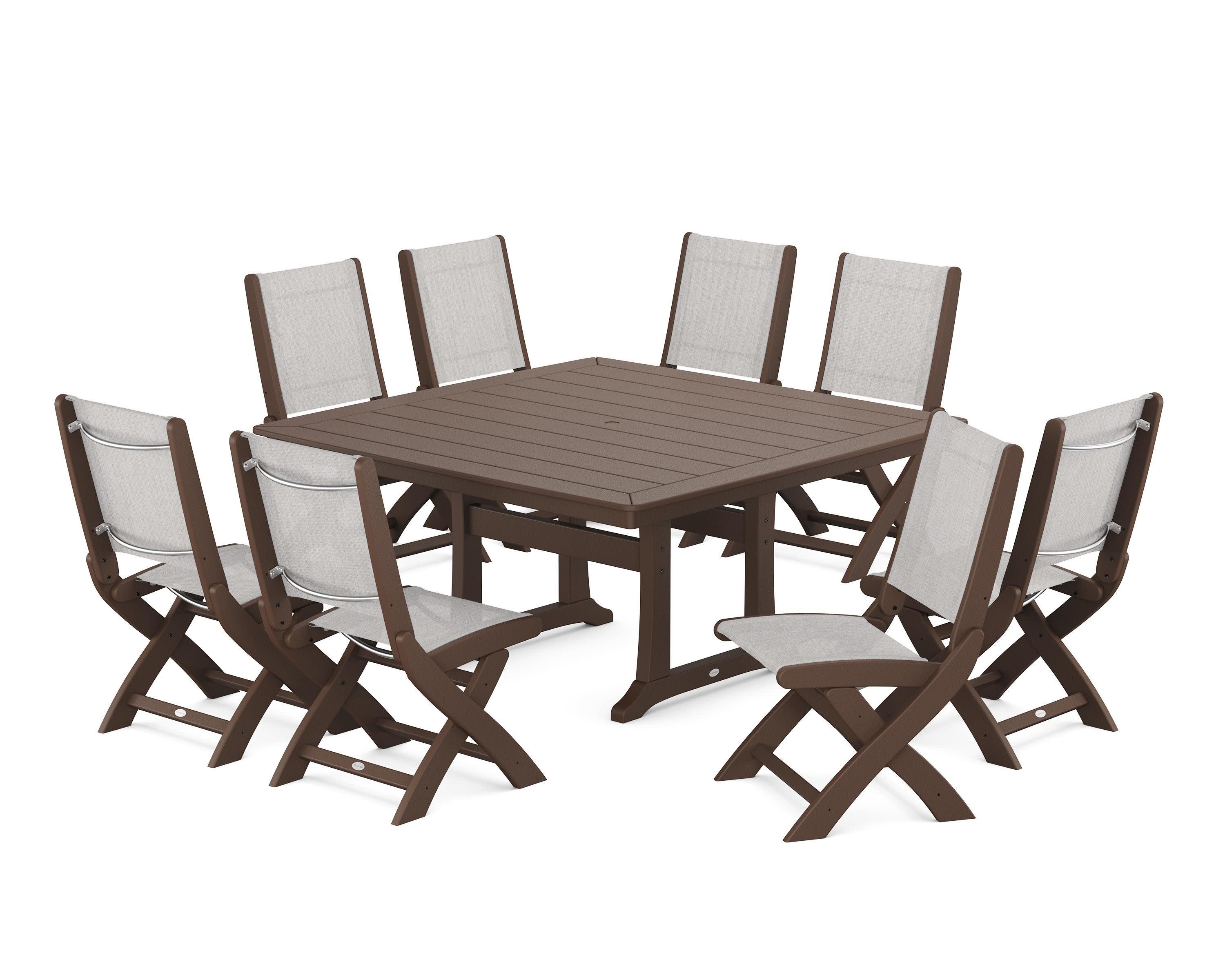 Coastal Folding Side Chair 9-Piece Dining Set with Trestle Legs in Mahogany / Parchment Sling