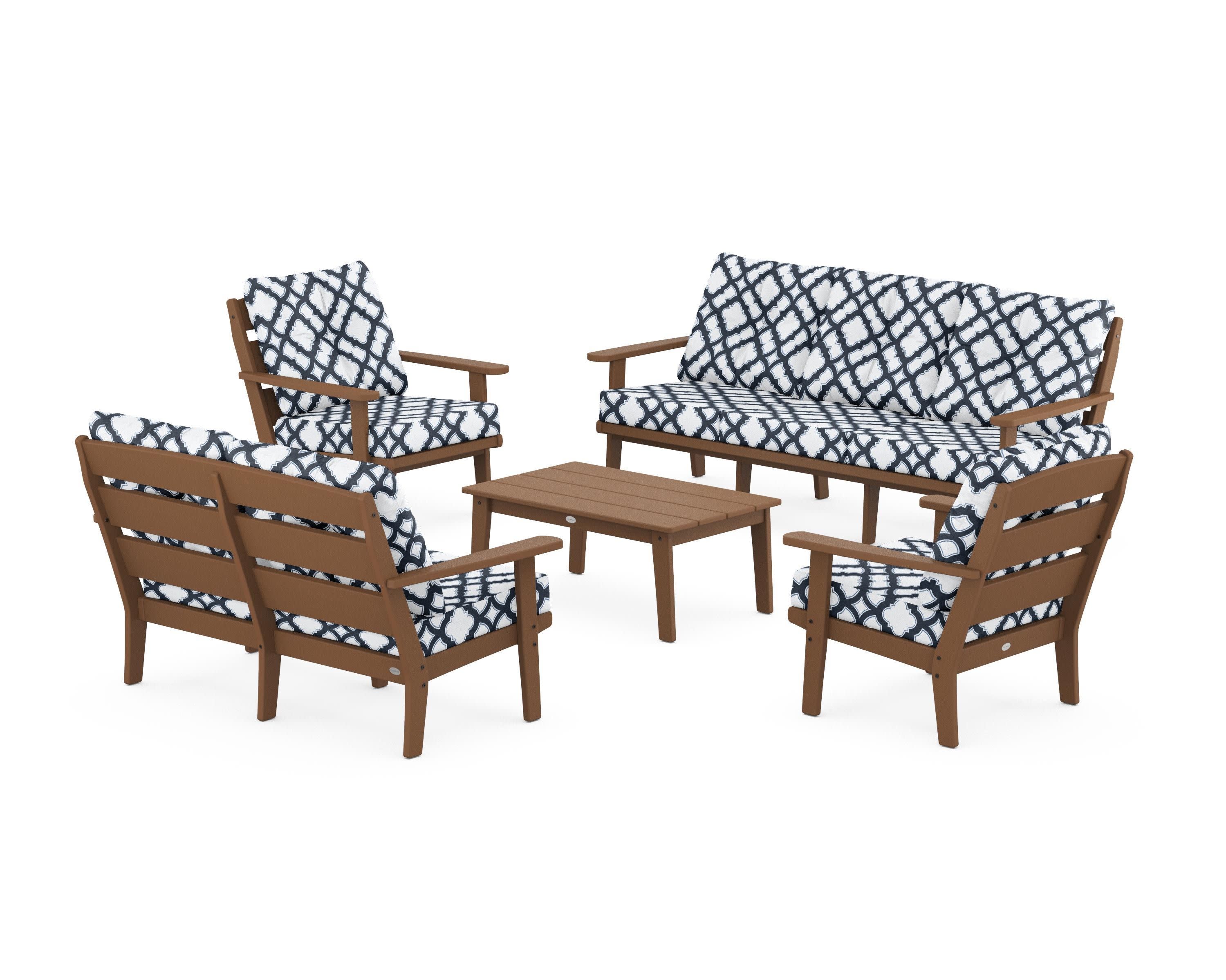 Lakeside 5-Piece Lounge Sofa Set in Teak / Trellis Marine Indigo